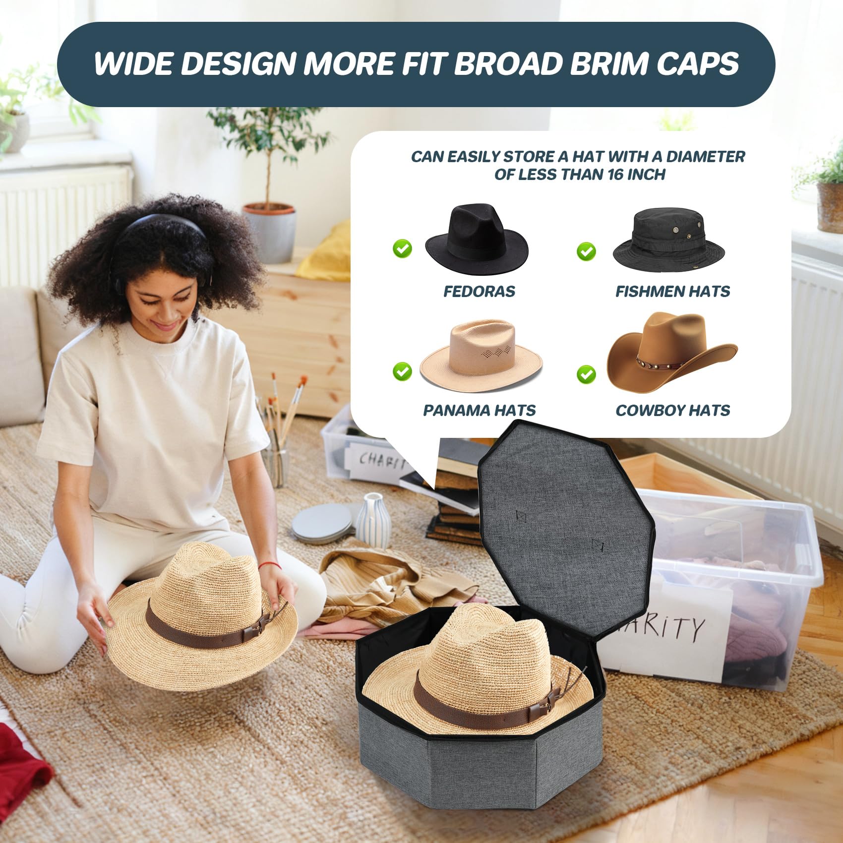 Scatole per cappelli con coperchio, custodia pieghevole per cappelli da baseball con manici e tracolla, scatola rotonda per cappelli con gancio, scatole organizer per cappelli da cowboy