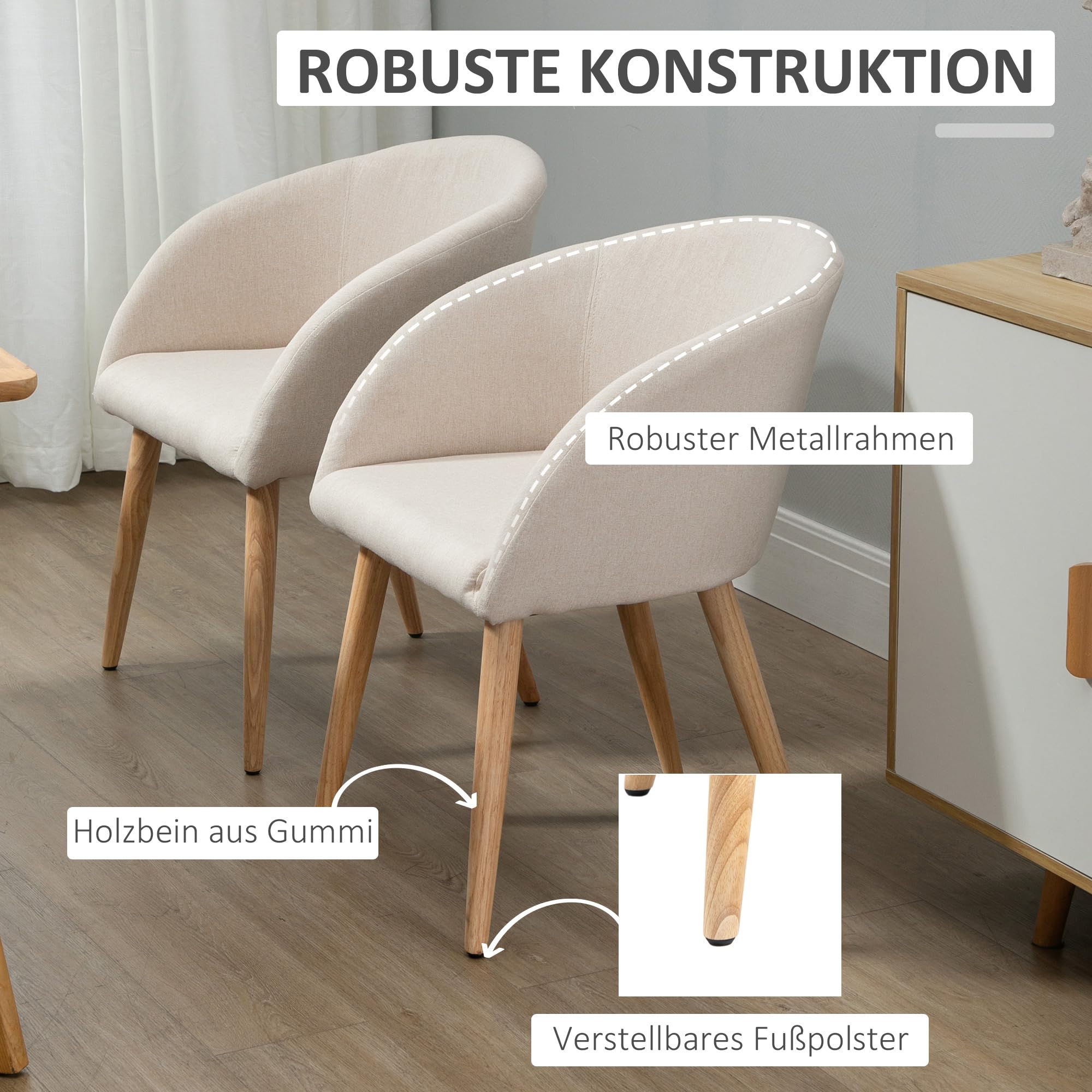 HOMCOM Esszimmerstühle 2er Set Küchenstuhl mit Rückenlehne Modern Beige