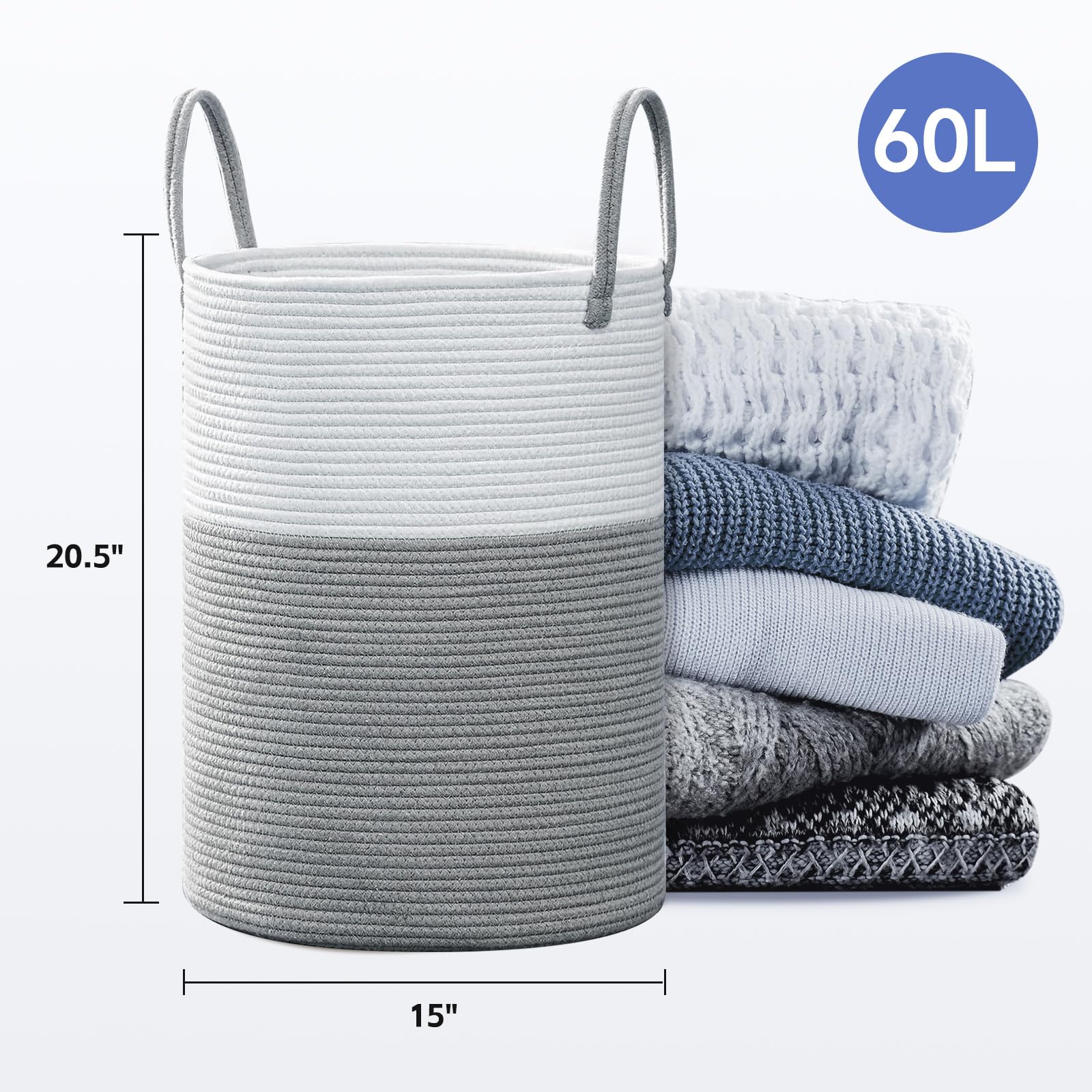 TOOCA BEAR Laundry Basket 60L Laundry Hamper with Handles,Decorative Blanket Basket Tall Woven Rope Storage Basket for Dirty Clothes,Toys,Blankets in Living Room, Bathroom&Bedroom(White&Gray)