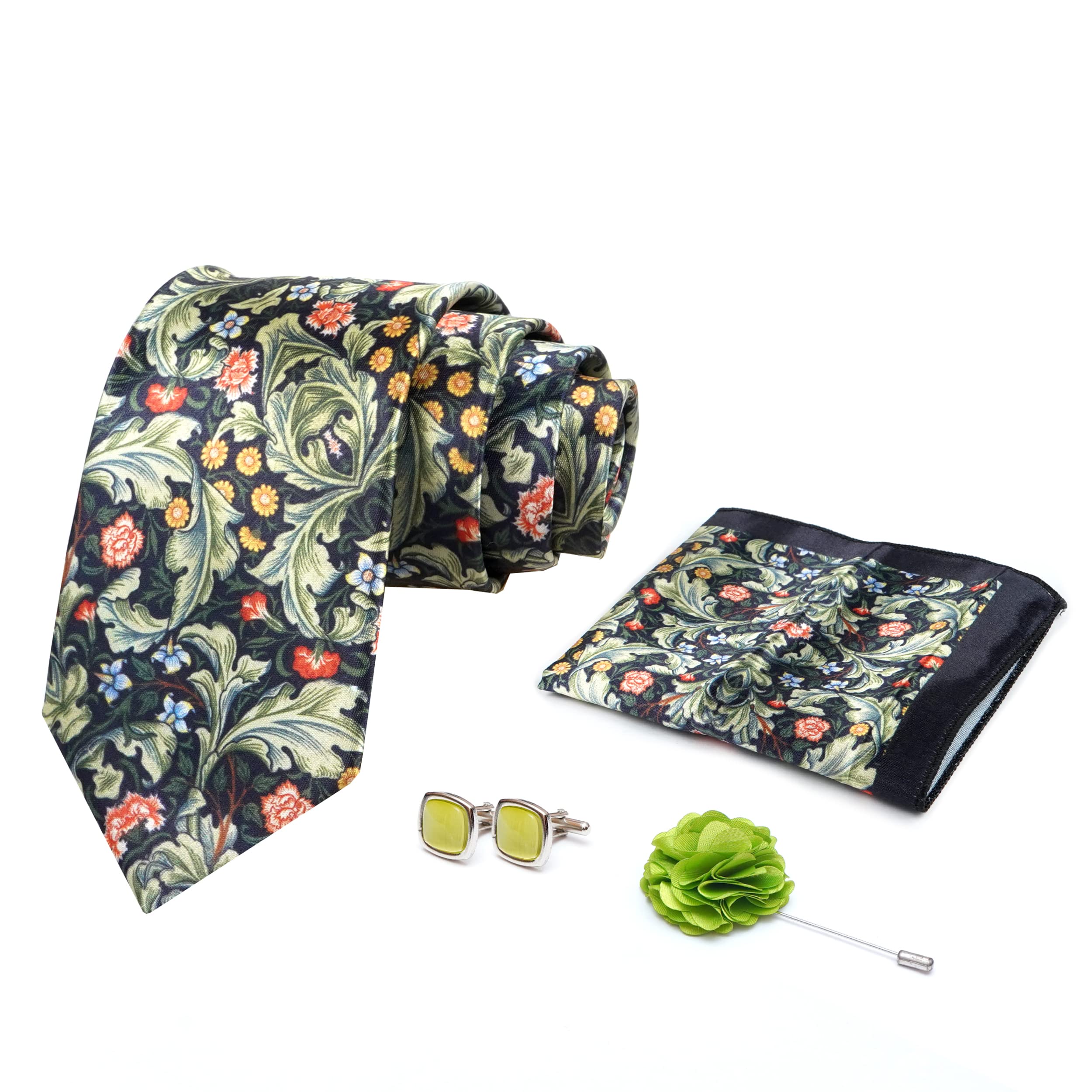 axlon Mens Plaid Micro Self Silk Necktie Gift Set With Pocket Square Cufflinks & Brooch Pin Tie for Men Formal Tie Set with Box (Pack of 4) (Green, 2022AX_20)-picture-14