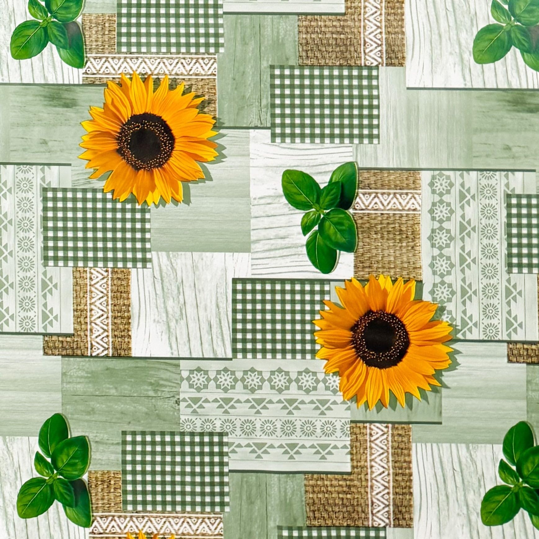 KEVKUS Wachstuch Tischdecke 160 cm Breite PC130-2 grün Sonnenblumen wählbar in eckig, rund und oval - Größe oval 160x220cm mit Paspelband