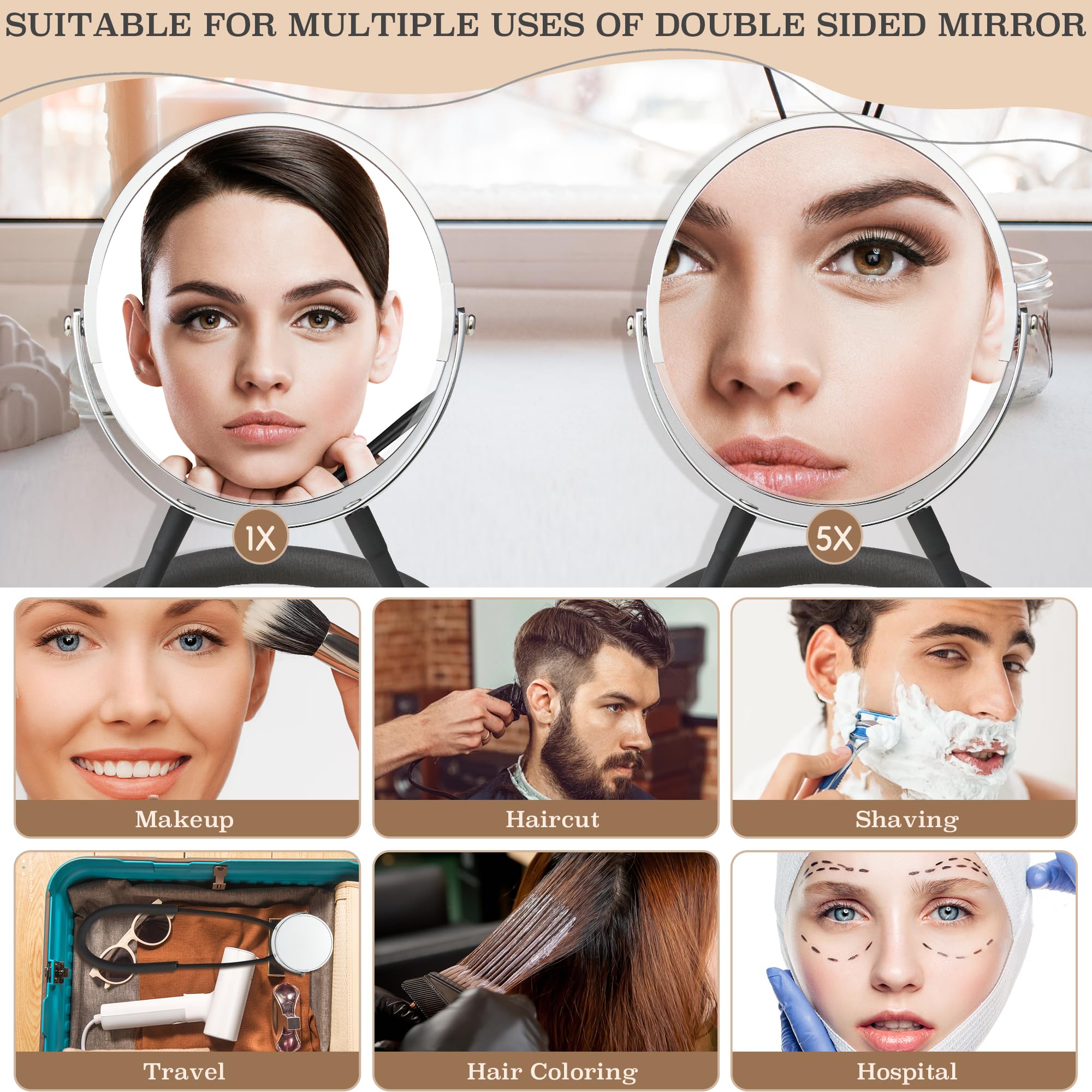 Espejo de doble cara para ver la parte posterior de la cabeza, gran tamaño de corte de pelo de 360°, espejo ajustable manos libres, visualización estándar y aumento 5X para mujeres y hombres, el brazo
