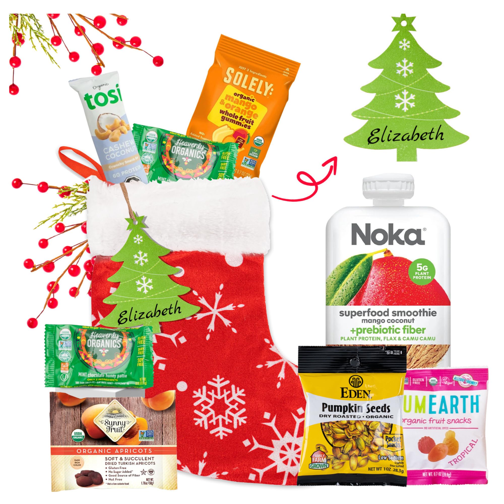 Personalized Organic Prefilled Christmas Stockings: Customizable Premium Christmas Stocking Stuffers with Healthy Organic Snacks and Treats - Ideal Food Gifts for Men, Women, Families, Kids and Adults
