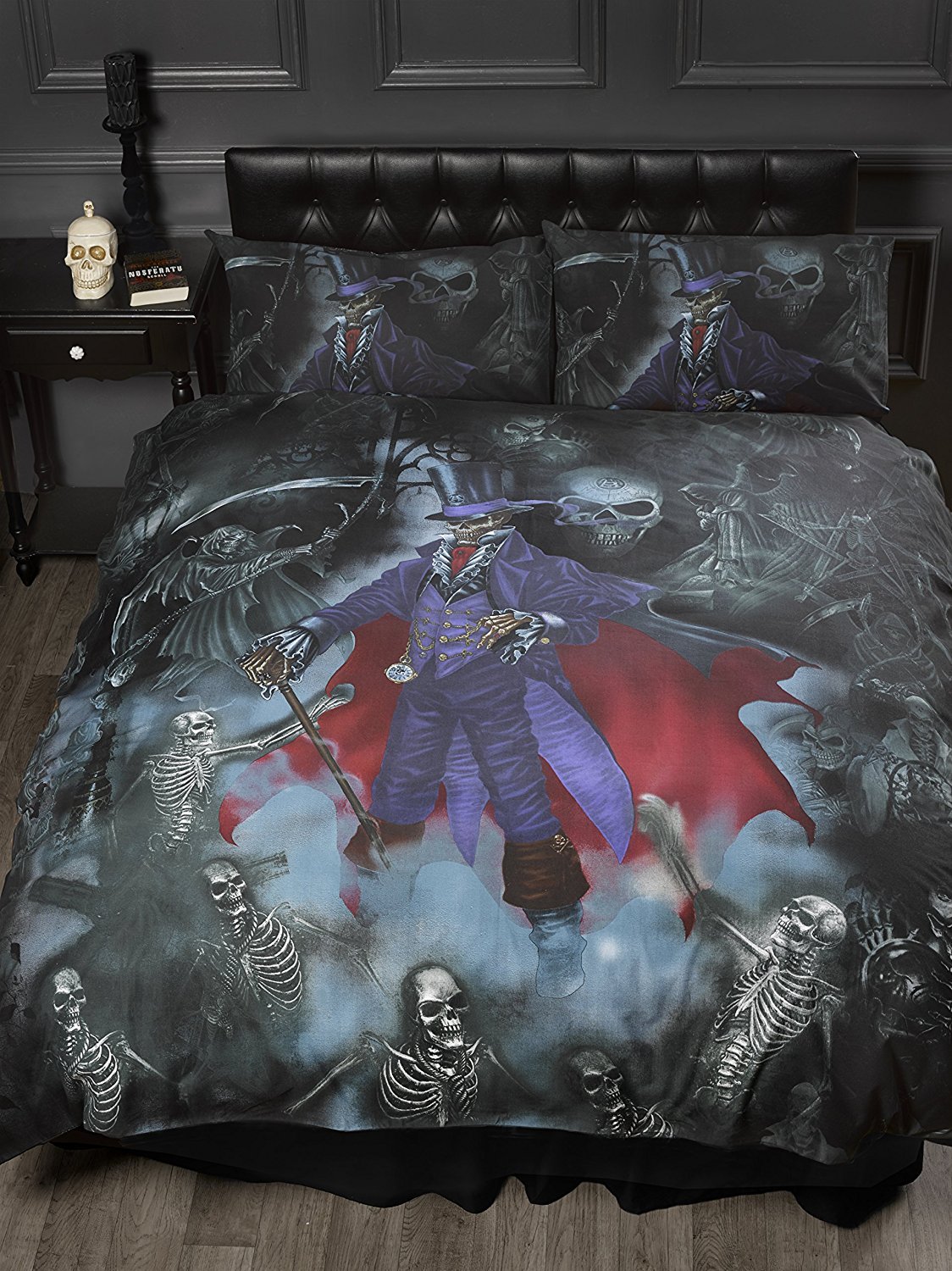 Single Bed Magistus, Alchemy Gothic Duvet/Quilt Cover Bedding Set, Gothik Series Skeletons, Skulls, Graveyard, Grim Reaper, Purple, Black, Red