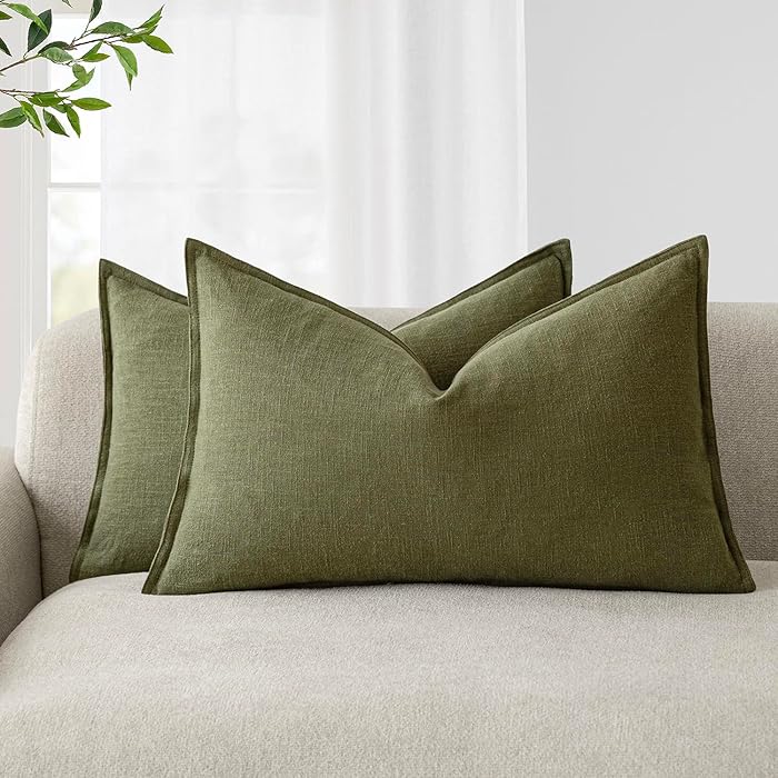 Foindtower Pack of 2, Decorative Linen Soild Throw Pillow Covers Soft Accent Lumbar Cushion Case Boho Farmhouse Pillowcase for Chair Couch Sofa Bedroom Living Room Home Decor 12 x 20 Inch Olive Green