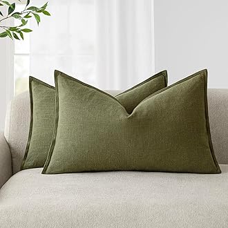 Foindtower Pack of 2, Decorative Linen Soild Throw Pillow Covers Soft Accent Lumbar Cushion Case Boho Farmhouse Pillowcase for Chair Couch Sofa Bedroom Living Room Home Decor 12 x 20 Inch Olive Green