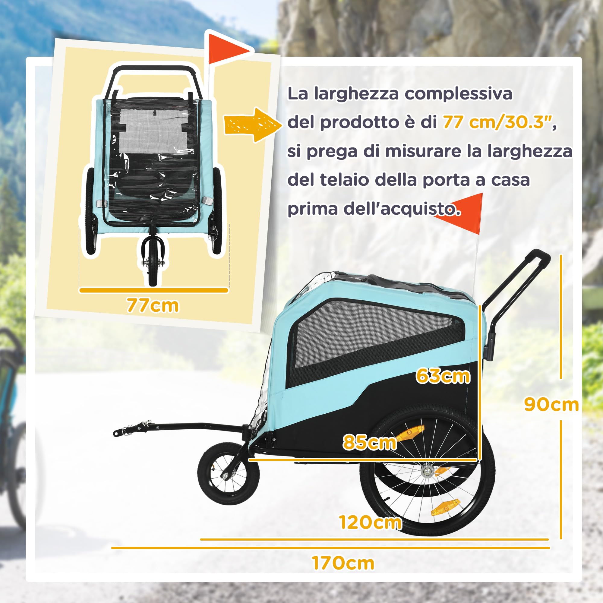 PawHut Rimorchio Bici per Cani 2 in 1 con 2 Ingressi e Tasche Portaoggetti, Passeggino per Cani 30kg max in Acciaio e Tessuto Oxford, Blu