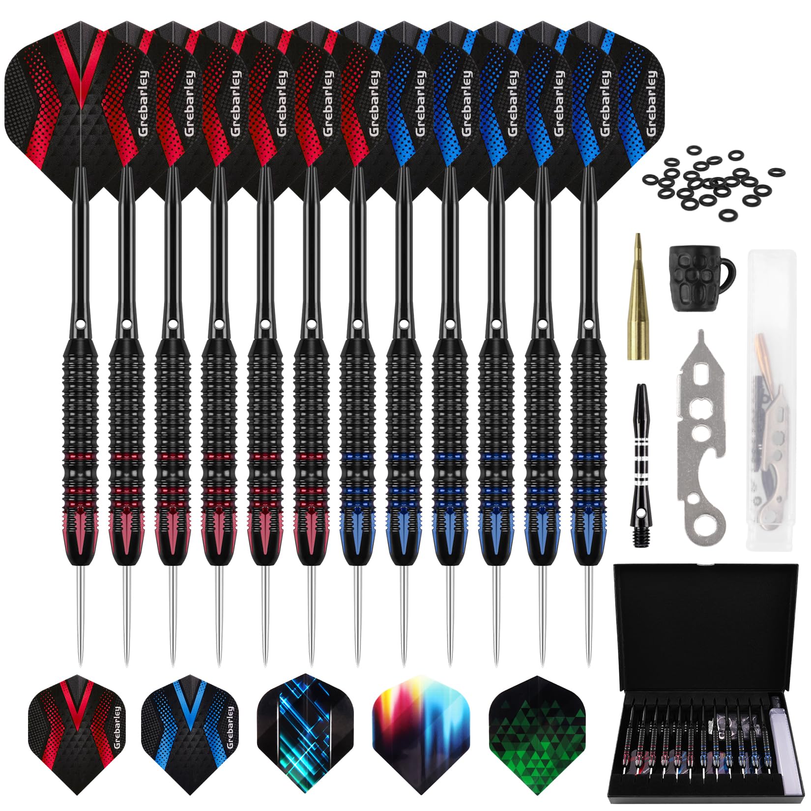 Grebarley Dartpfeile mit Metallspitze,12 Stück Profi Steeldarts 18 Aluminium Schaft mit 9 Flights 20 Orings