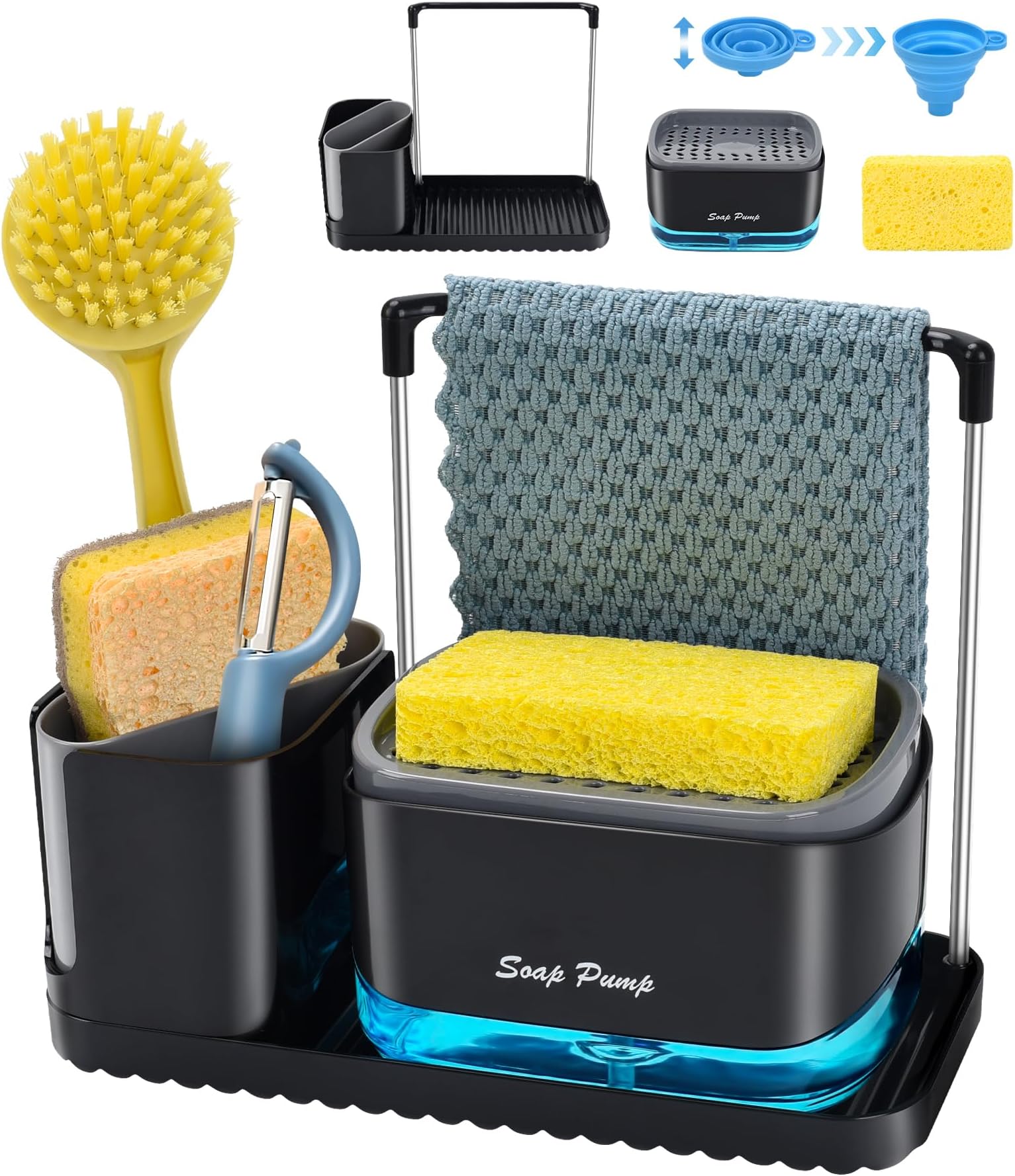 - Bestseek Kitchen Soap Dispenser Set with Tray and Sponge Holder, Sink Caddy Organizer with Dishcloth and Dish Brush Holder, for Countertop Storage Organize - Practical Kitchen Gadgets