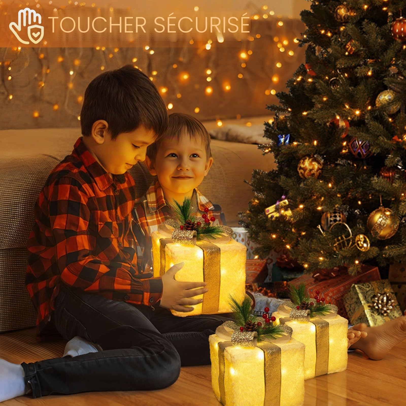 Quntis Boîtes à Cadeaux Lumineuses, 60 LEDs Décoration de Noël，Neige | Lot de 3 Boîtes Lumineuses Décoration Éclairage de Noël Intérieur/Extérieur Déco Lumière
