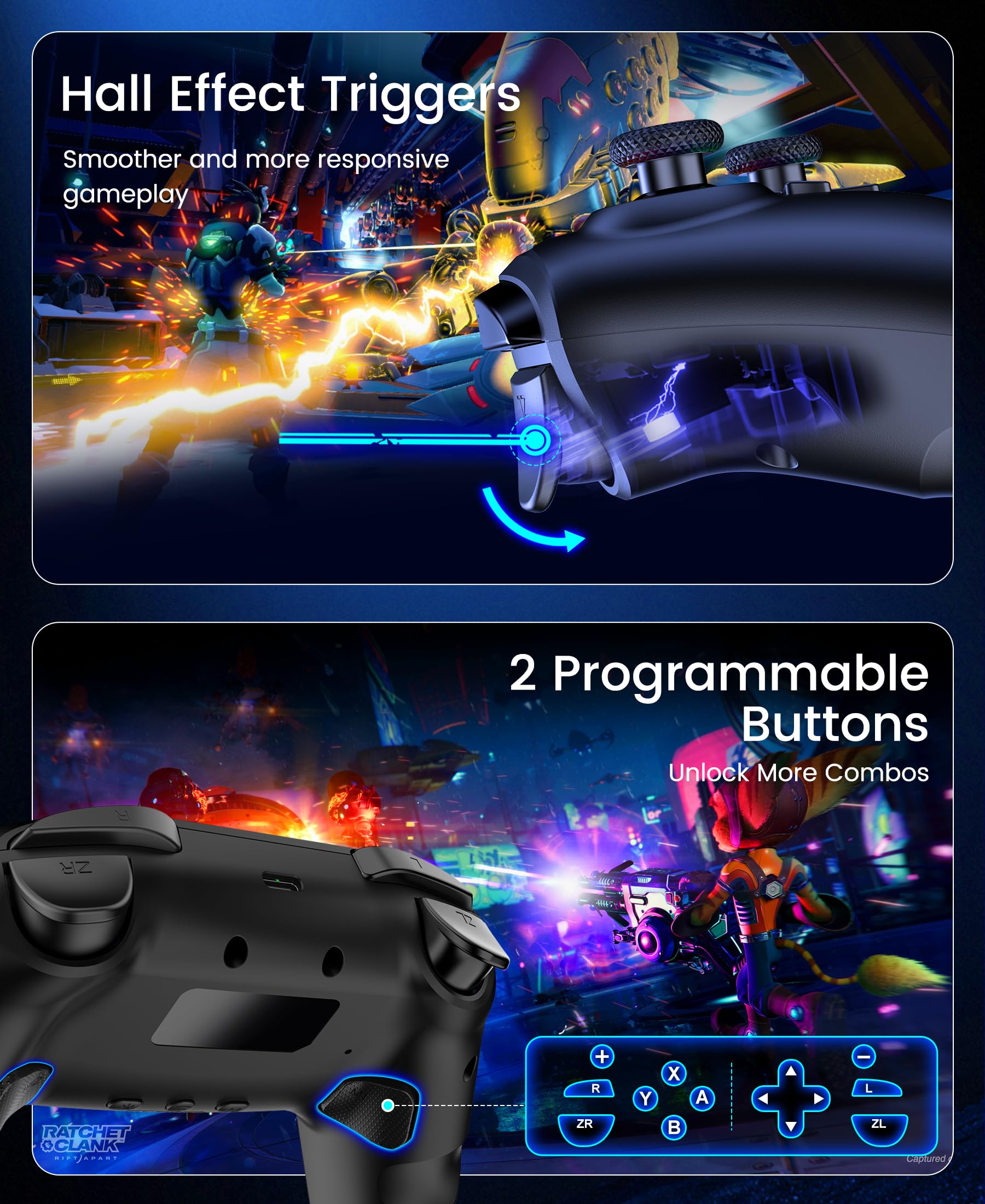 Switch 2 Controller per Nintendo Switch 2/Switch/OLED/Lite, Controller Switch Wireless con dock di ricarica, RGB Switch Pro Controller con effetto Hall, Macro, Turbo e vibrazione, nero