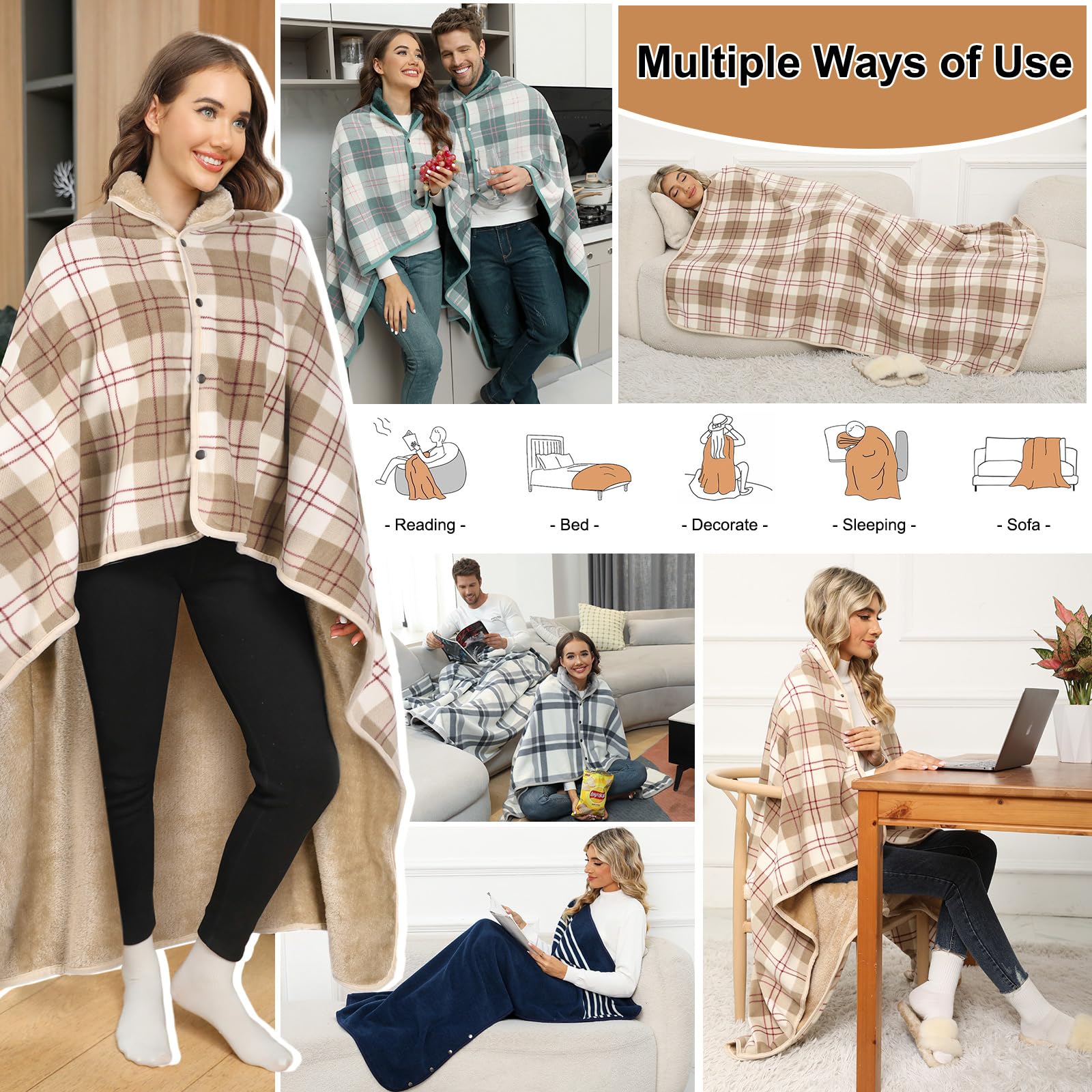 heekpek Femmes Ponchos Multiway Sherpa Polaire Châles Wraps Hiver Chaud Doux Grosse Cape avec Boutons Couverture À Carreaux Poncho Surdimensionné pour La Maison Bureau École