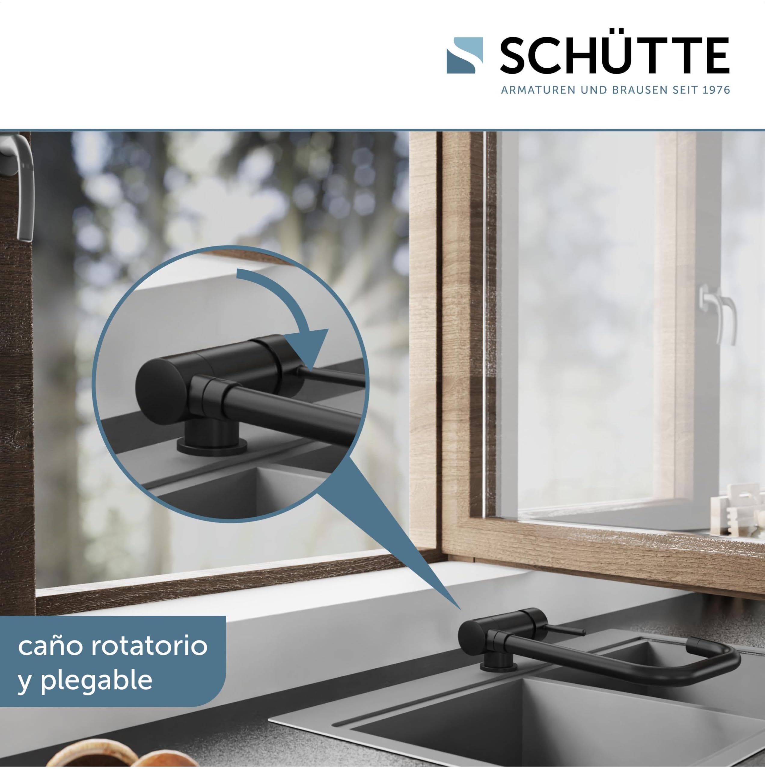 SCHÜTTE 24556 WINDOW - Grifo de cocina para ventana inferior, grifo de fregadero (flexible, plegable, giratorio 360°, monomando, color negro)