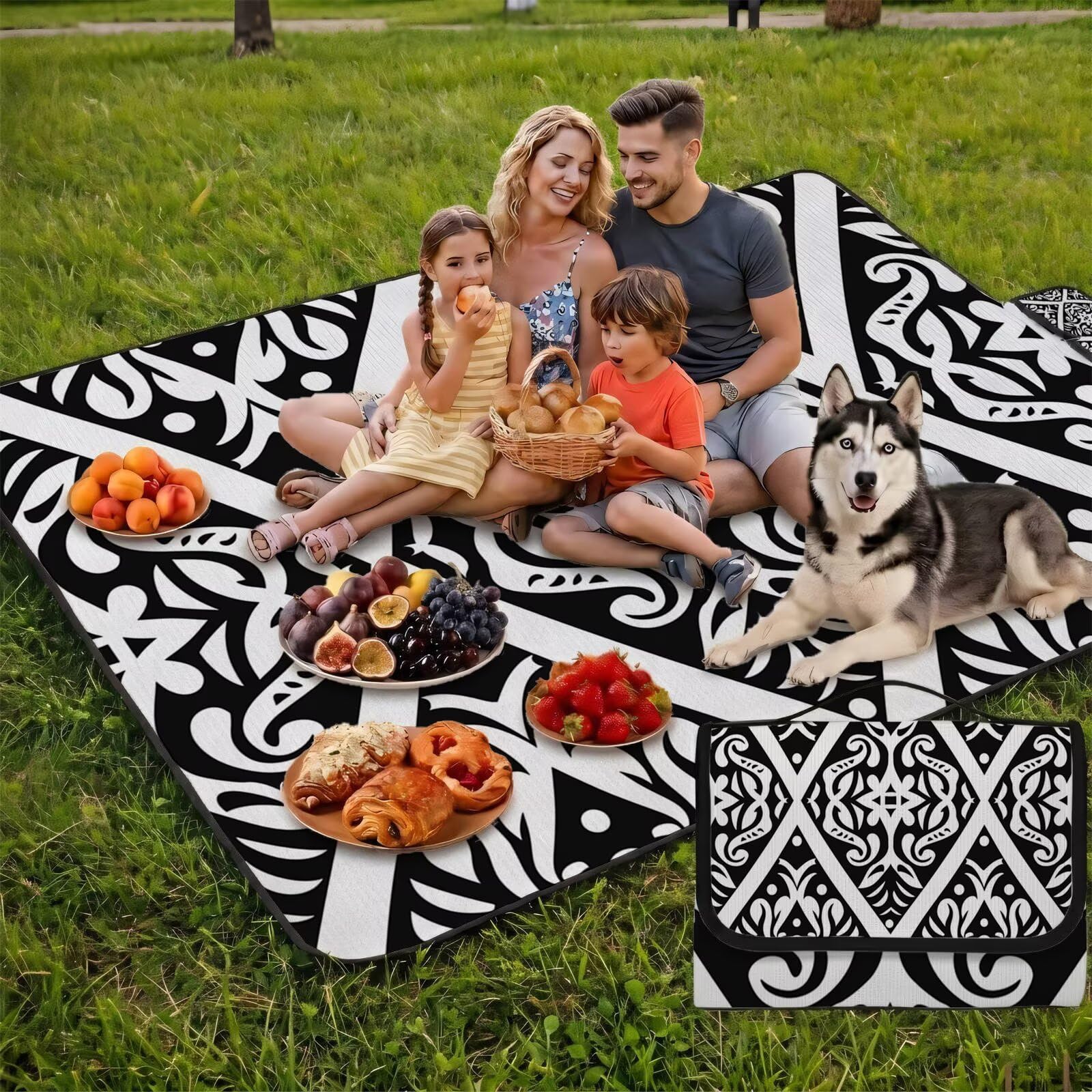 Couverture Pique Nique Grande 200x300cm,Outdoor Couverture Imperméable,Pliable Tapis de Plage Dos en PVC,Picnic Blanket pour Camping Accessoires,Jardin,Parc,Famille - Noir,Blanc,géométrie (2) UZ-866
