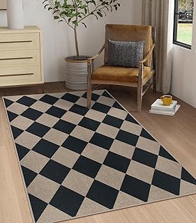 Easy Jute Checkered Area Rug, 3x5 Indoor Outdoor Entryway Rug Washable Black Modern Diamond Kitchen Rugs, Non-Slip Neutral Farmhouse Throw Carpet for Living Room Patio Kids Room