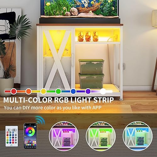 Miniatura 3 de DWVO Soporte de acuario de 40 a 50 galones con tomas de corriente y luz LED, gabinete para almacenamiento de accesorios de pecera, soporte de metal