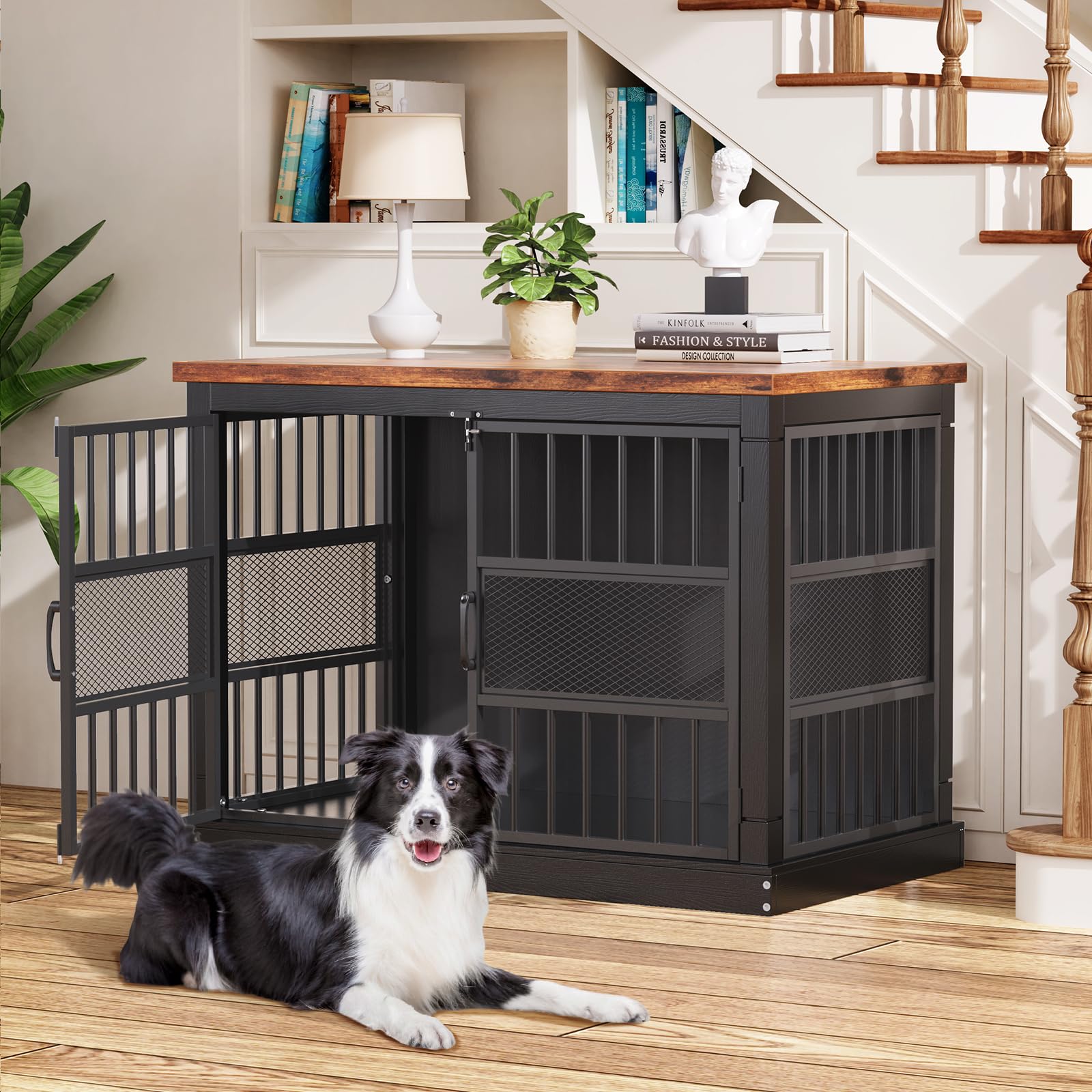 Hundekäfig Möbel, 104 cm Großer Hundebox für den Hausgebrauch, Modernes Indoor Holz-Hundekäfig, Doppel-Tür-Design, Bissfest, Geeignet für Kleine/Mittelgroße/Große Hunde, Schwarz, 104x51x78 cm