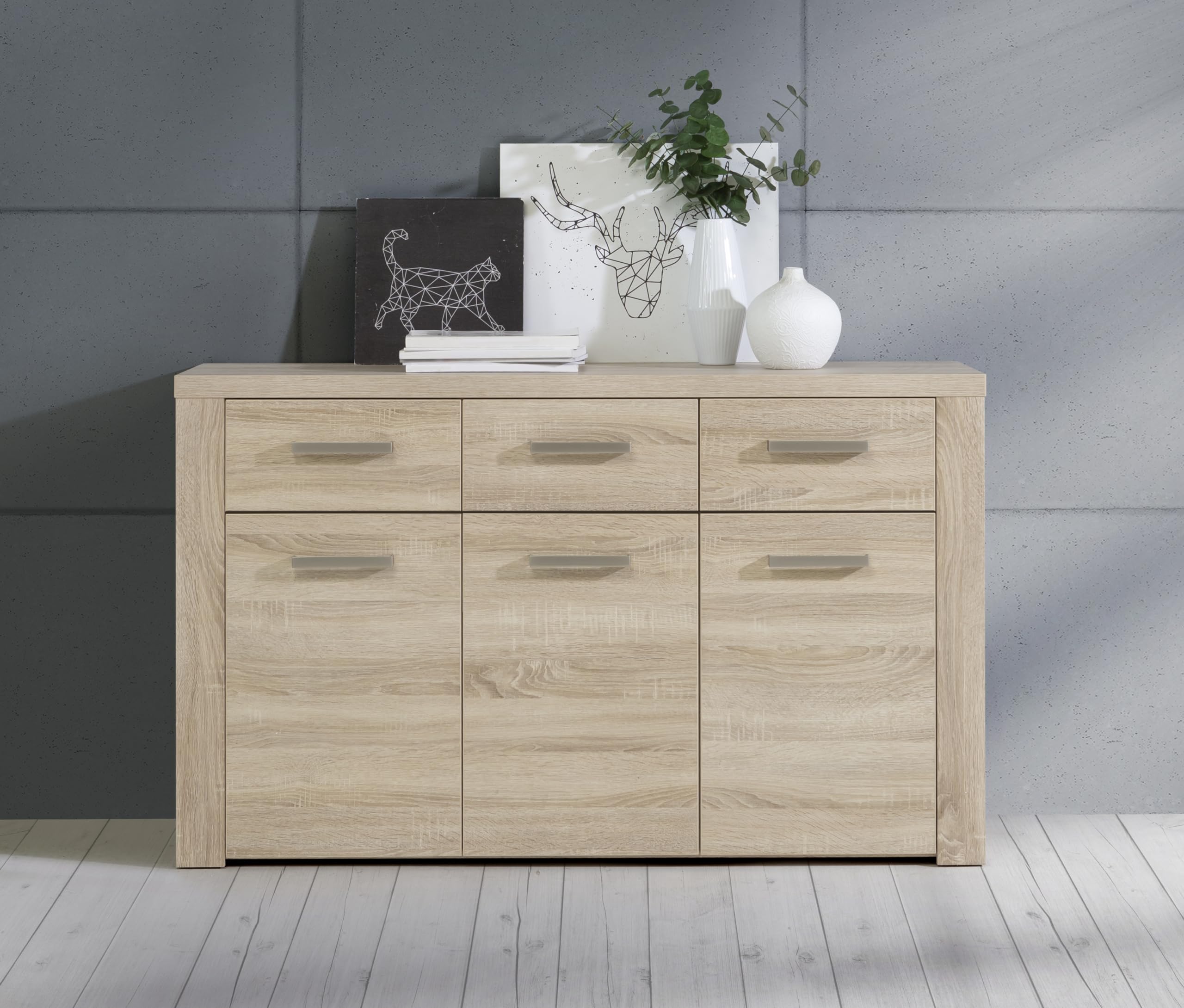 Forte BALTIMORE Sideboard mit 3 Schubladen und 3 Türen, Holzwerkstoff, Sonoma Eiche, B x H x T: 136 x 83 x 41,3 cm