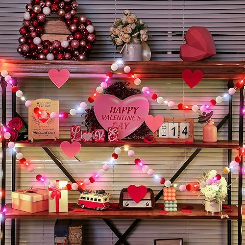 Miniatura 6 de Enhon 2 guirnaldas de bolas de fieltro iluminadas para el día de San Valentín, 60 bolas coloridas de pompones, pancarta de fieltro hecha a mano para