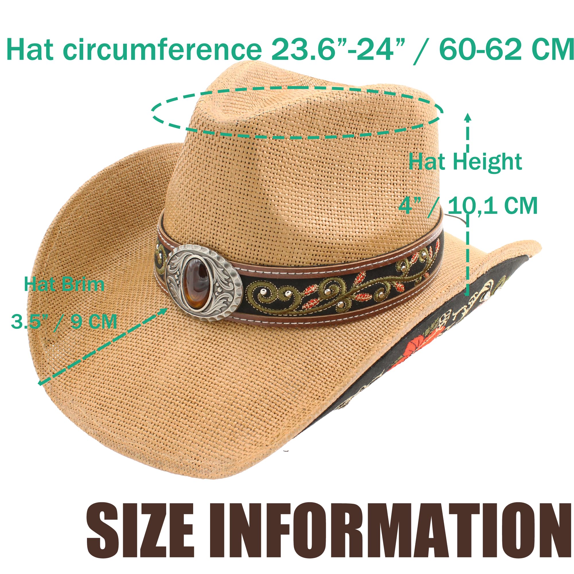 Carnavalife Sombrero de Cowboy/Cowgirl de Paja Fuerte Panamá, Sombrero Texas, Sombrero Vaquero Bordado Floral Unisex Talla única Hombre Mujer Coachella