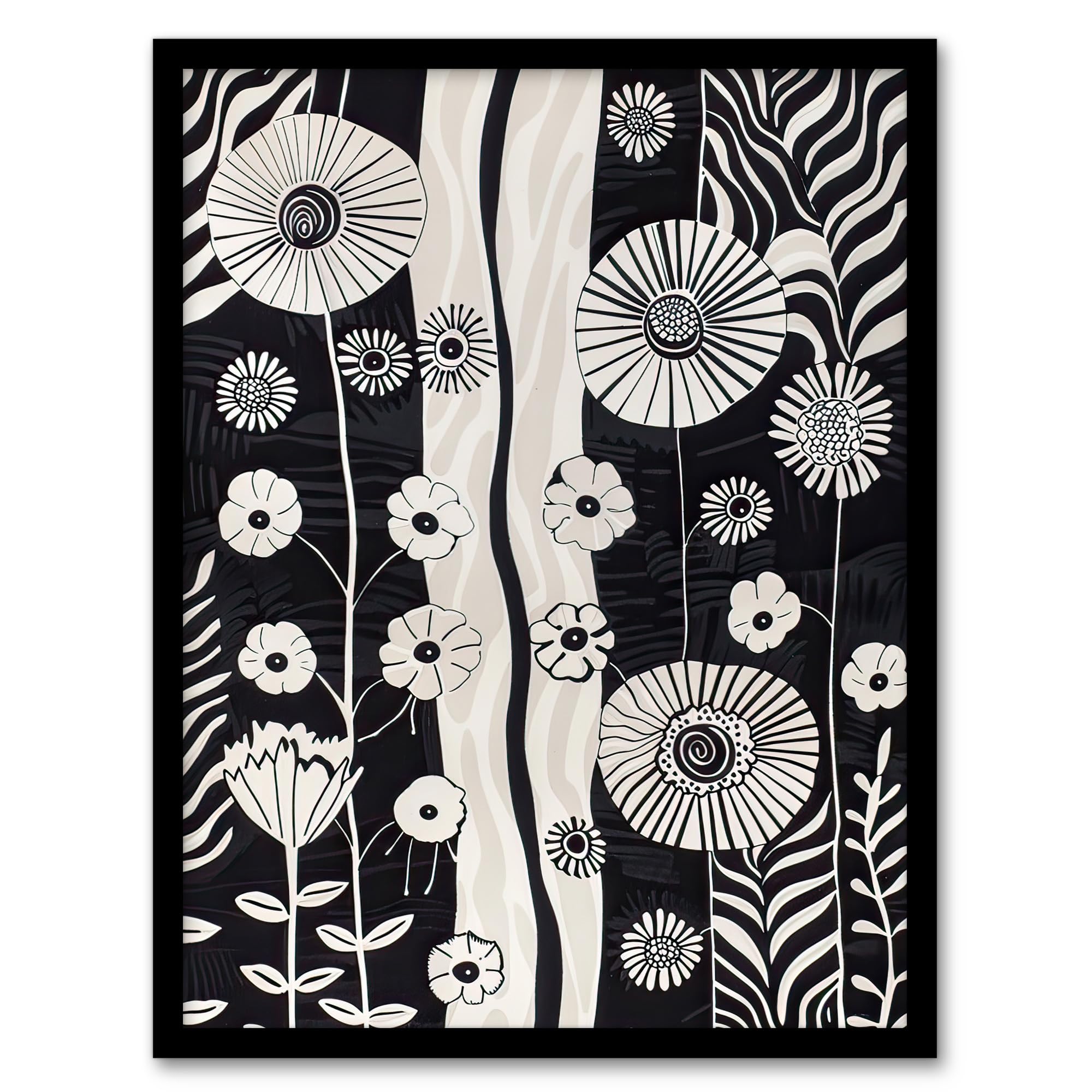 Wildflower Garden Black and White Stripes Abstract Wall Art Poster Print