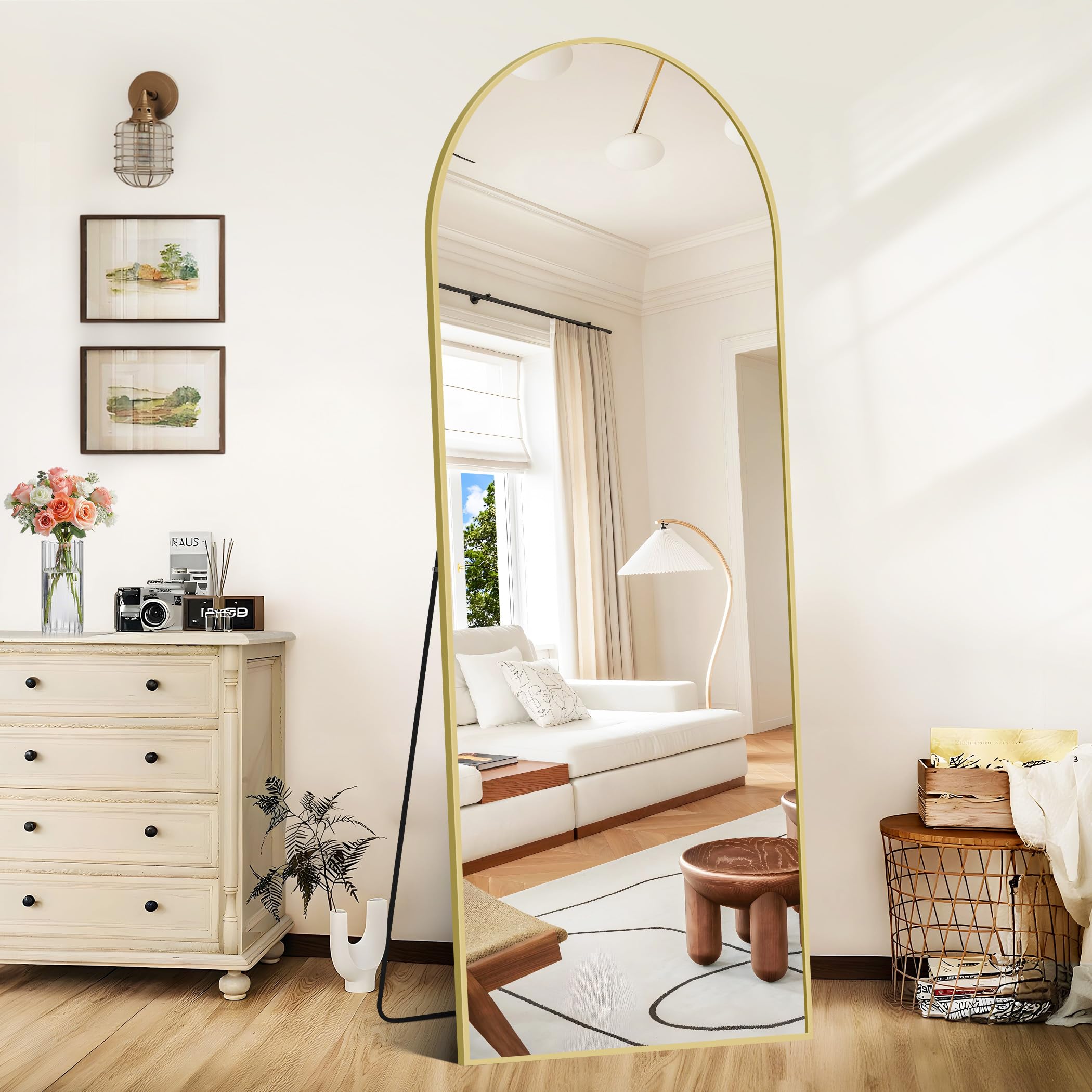 Miroir sur Pied Arqué 161 x 52 cm Cadre en Aluminium Miroir Mural Grand Miroir Penché Suspendu