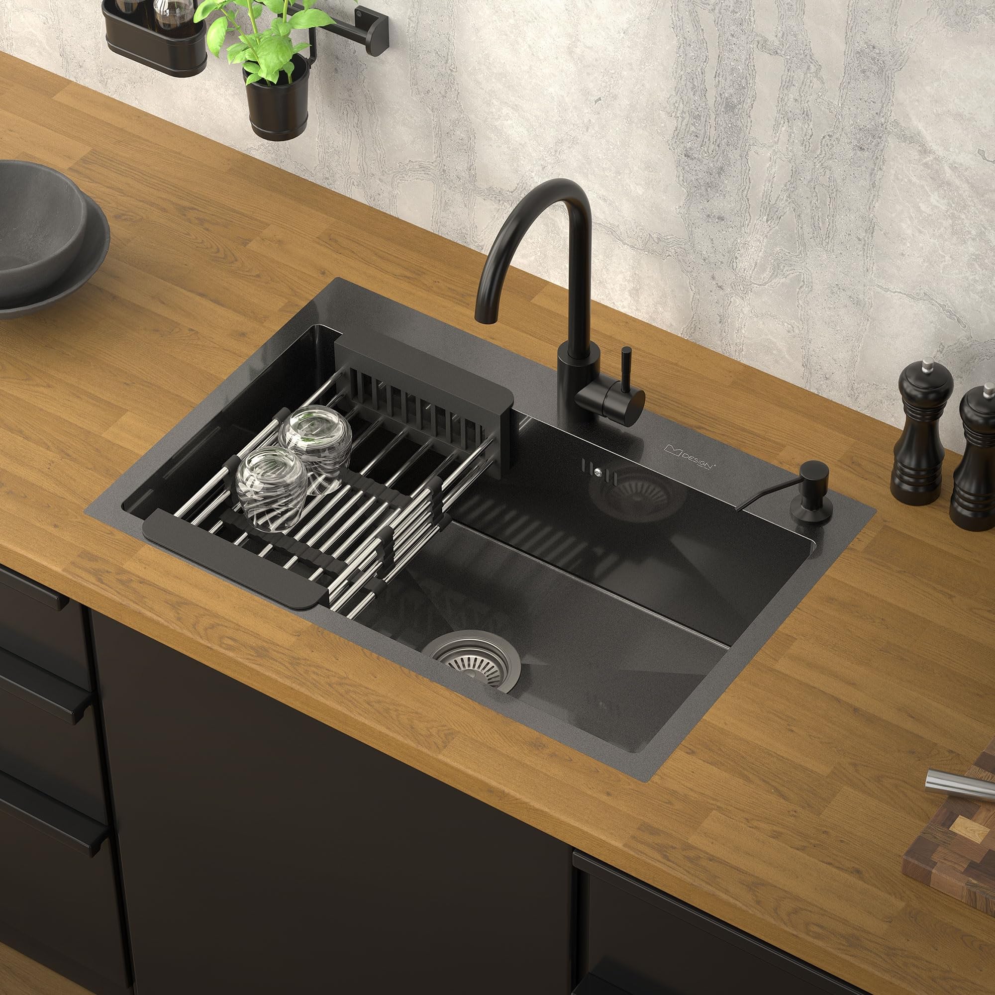 Fregadero sobre encimera de un seno 68x45 cm para cocinas familiares con lavabo antracita