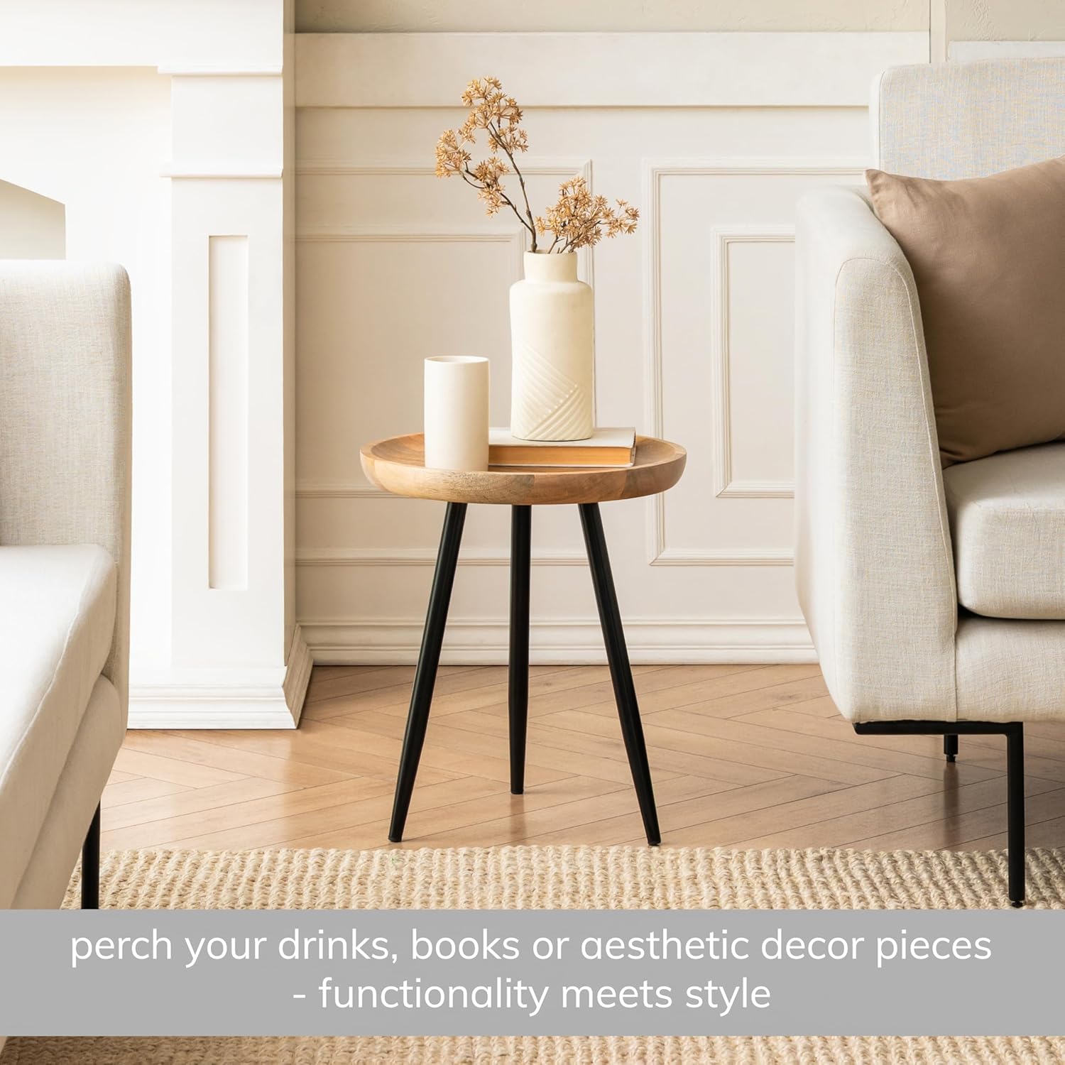 mh london lydia round small end table & side table solid wood, natural top with black metal legs, nightstand, 15.75"x15.75"x18"