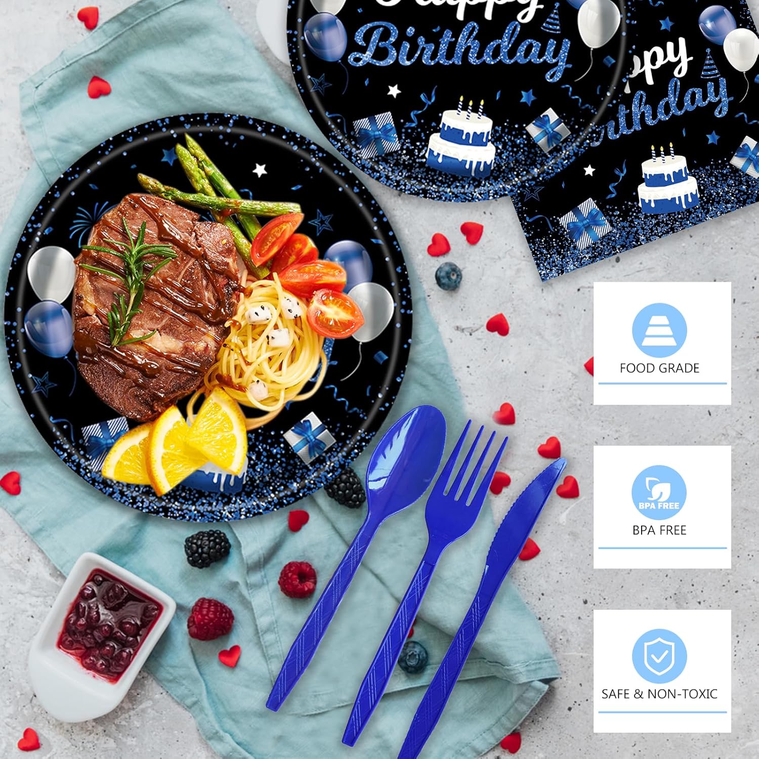 219Pcs Navy Blue Birthday Party Supplies Happy Birthday Party Decorations for Men Boys Blue Plates Napkins Cups Tableware Set Banner Tablecloth Confetti Balloons, Serves 24 - Image 6