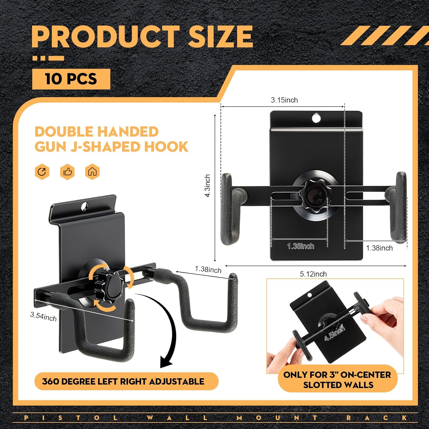 Yaocom 10 Pack Pistol Wall Mount Rack Slat Wall Gun Rack 360 Degree Left Right Adjustable Handgun Display Holder Fits Most Pistol Revolver Rifle Scope Display Heavy Duty Steel(Slotted Panel Style)