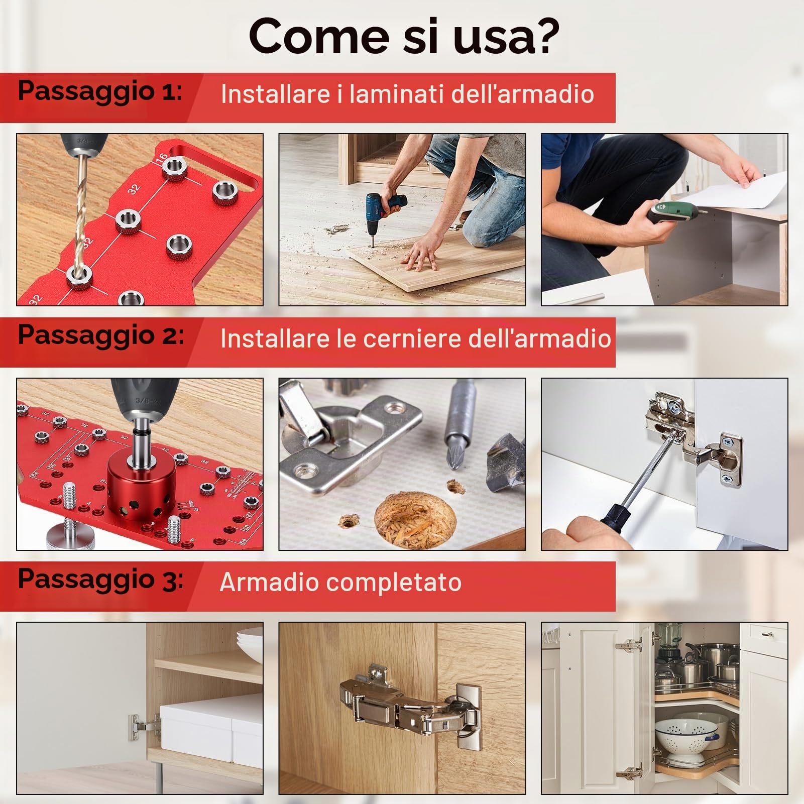 2 in 1 Dima di Foratura per Cerniera a Ante Cucina, Maschera di Foratura per Perno con Punta da Trapano da 1/4", 2 mm, 5 mm e 35 mm, per assemblaggio di armadi cassettiere a schedari (Lungo)