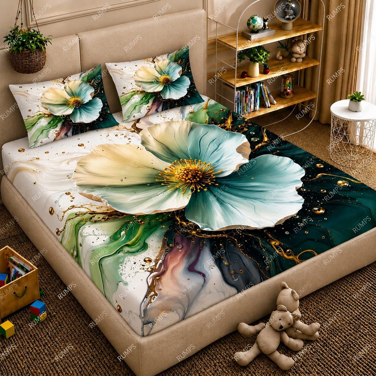 RUMPS 7D Digital Floral Bedsheet with 2 Pillow Covers, King Size Flat Bedsheet 90x100 Inch, Luxury Flower Printed Bedsheet
