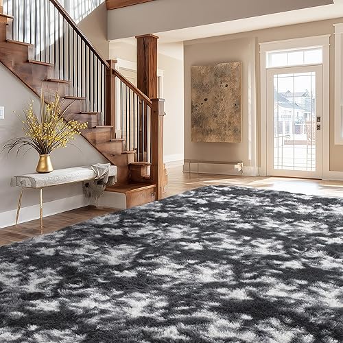 Miniatura 208 de Andency - Tapete de pelo largo sintético de interior, 4 x 6 pies, color gris oscuro estilo teñido anudado, afelpado, suave y mullido