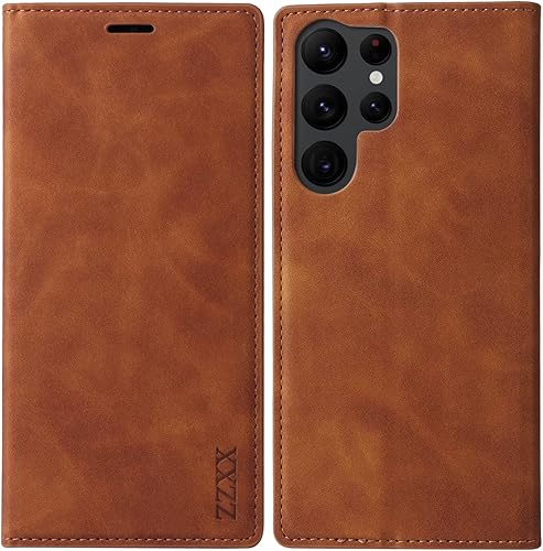 Miniatura 1 de ZZXX Funda para Samsung Galaxy S22 Ultra con bloqueo RFID, ranura para tarjetas, función atril, magnética, de piel suave, plegable, para Samsung