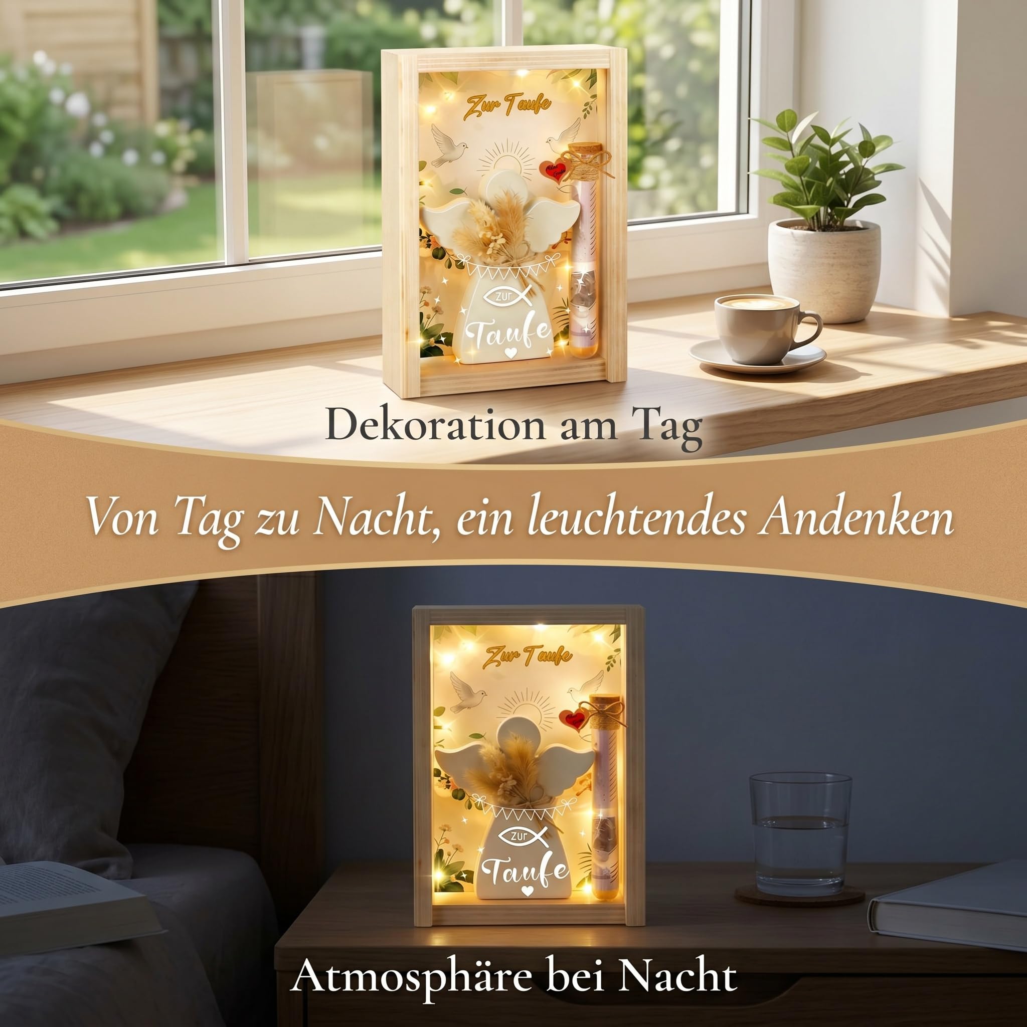 Taufgeschenke für Mädchen Jungen, Taufe Geschenk mit LED, Getrocknete Blumen,Holzbox, Taufkarte, Engel und Fische, Kreative Geschenke zur Taufe