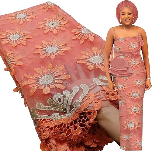 Miniatura 1 de Bestway RhineStone - Tela de encaje africano bordado de 2.5 yardas, tela de encaje de tul francés floral 3D para vestido de fiesta de boda