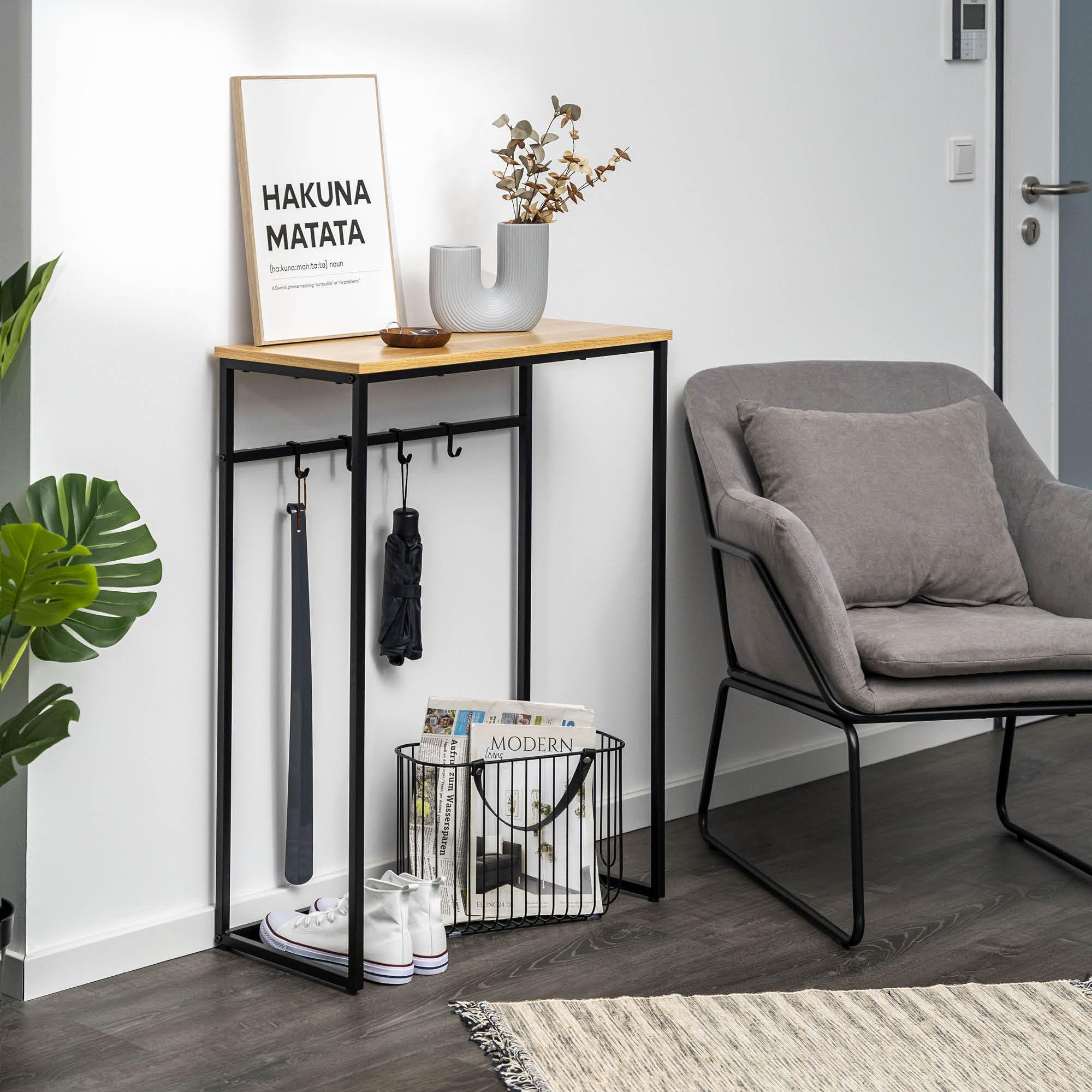 eluno Konsolentisch aus Metall mit 1 Holzablage, höhenverstellbare Füße, 4 Haken, als Beistelltisch oder Sideboard, viel Platz für Bücher, Pflanzen und Deko (Schwarz)