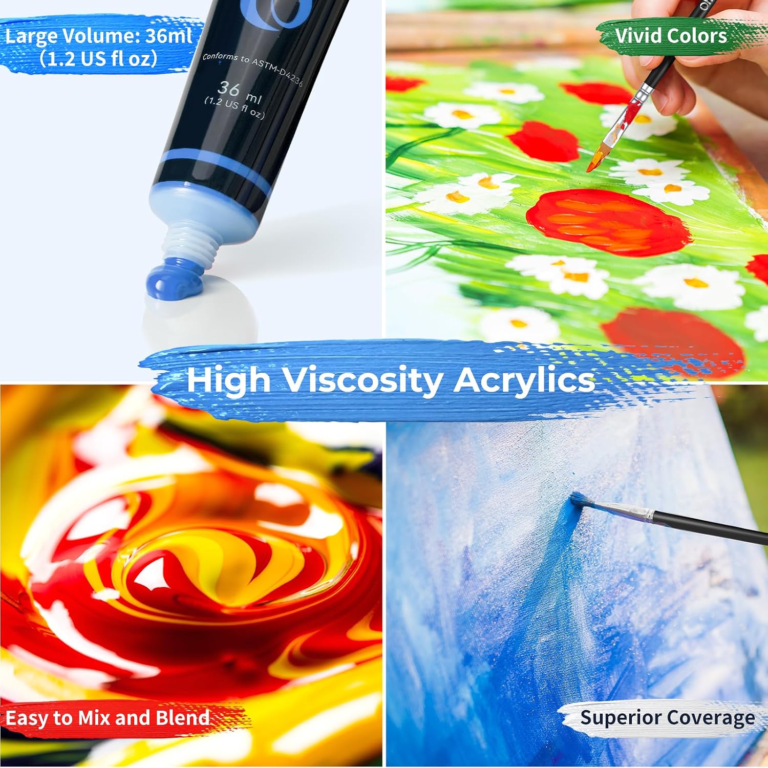 Ohuhu Acrylic Paint Kits with Tutorial for Beginners- 36ml 12 Vibrant Colors with 6 Brushes 3 Paint Canvases Sponge for Kids Painting, Art Supplies for Ceramic, Wood, Fabric, Model, Rock, Metal