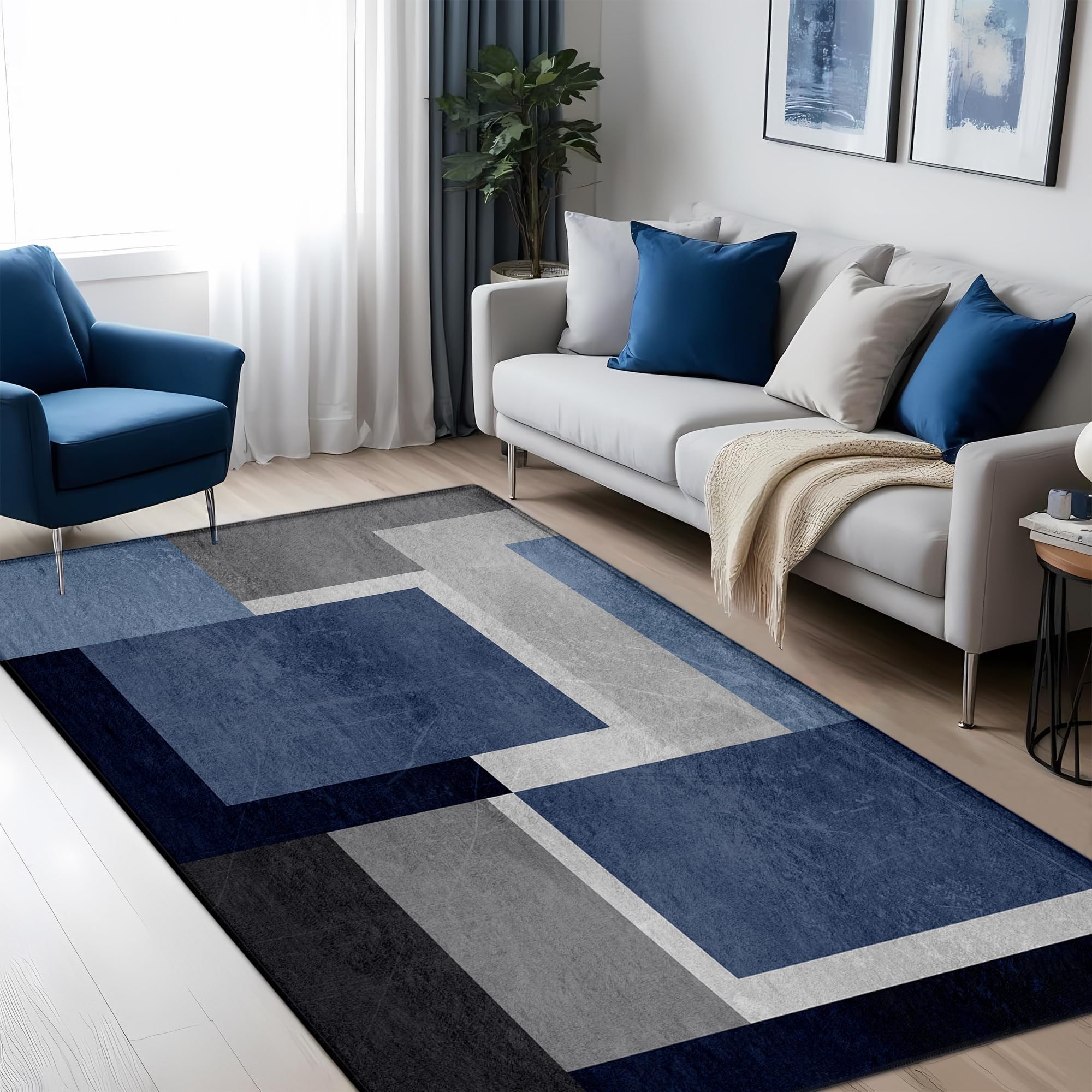 Photo 1 of AICLIV Washable Low-Profile Geometric Area Rug, 0.2 inch Thin Abstract Rug Design for Living Room & Bedroom Decor, 3x5 ft Blue Grey Modern Non-Slip Floor Rug