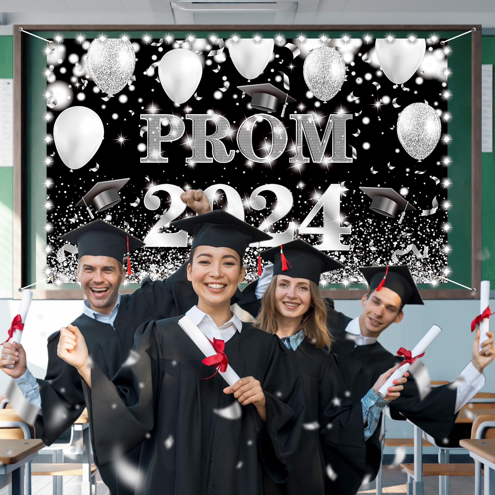 2024 Graduation Party Banner With LED Lights - Neon 'PROM 2024' Backdrop For Photos (70x43 Inches) - View #5