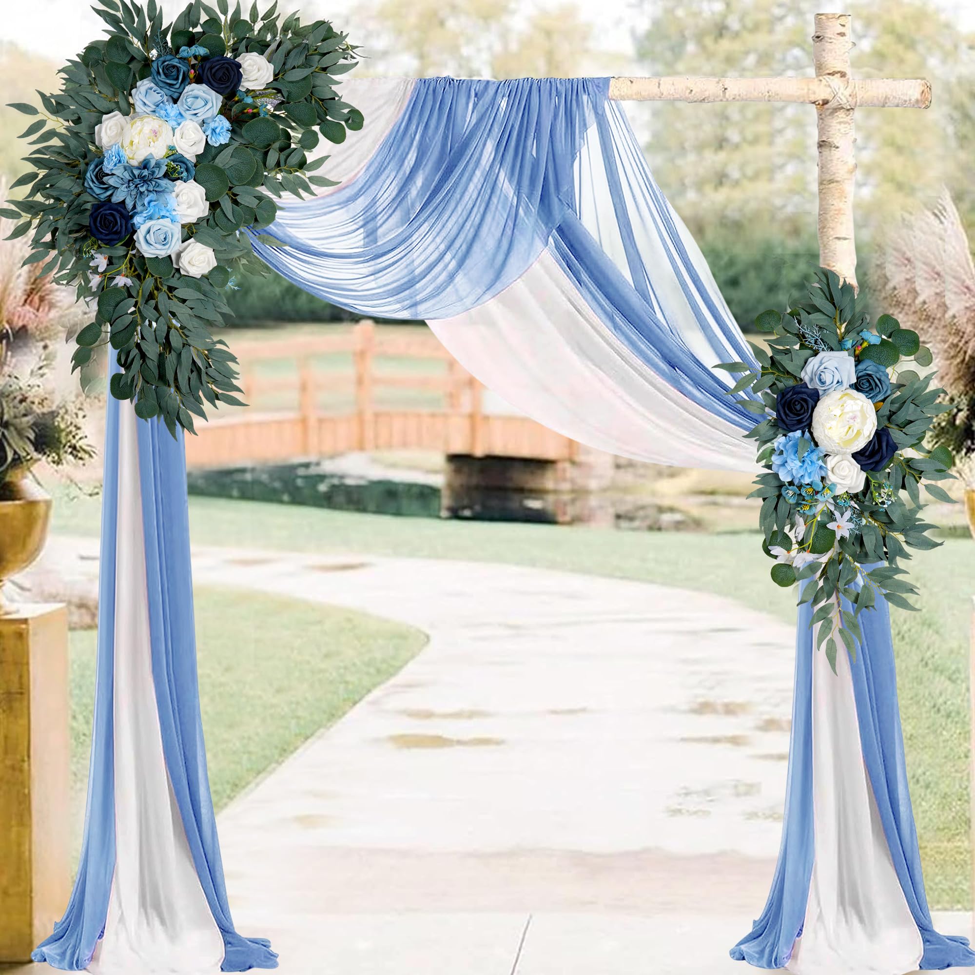 Arch Flowers with Drapes Kit (Pack of 4) - 2 pcs Artificial Ivory & White Floral Swag Arrangement - 2pcs 24? Draping Fabric for Wedding Ceremony Arbor and Reception Backdrop Decoration - Blue