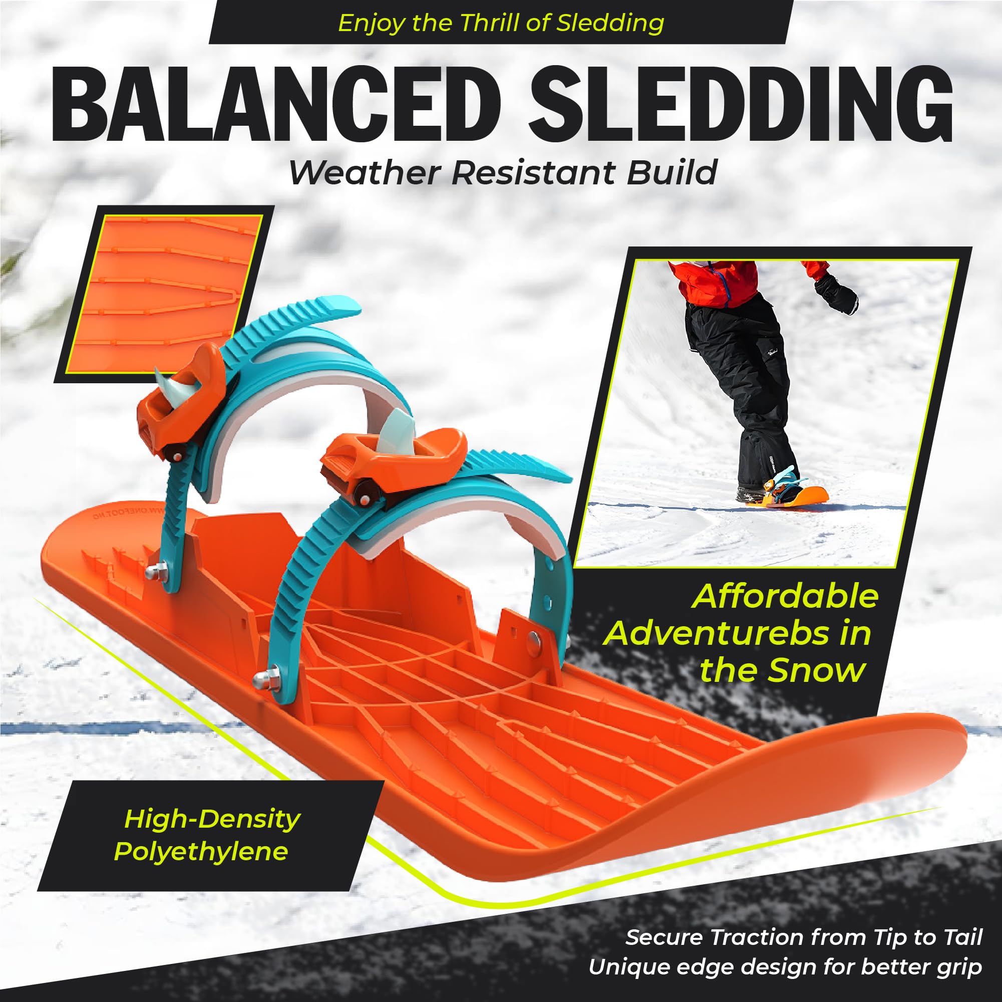 Onefoot Mini Ski - Kompakter Mini Ski (71,7 x 15,3 cm) mit verstellbaren Bindungen & Grip Spikes - Langlebiges kurzes Skiboard - Spaß für Tricks, Balance und Freesty-Skifahren