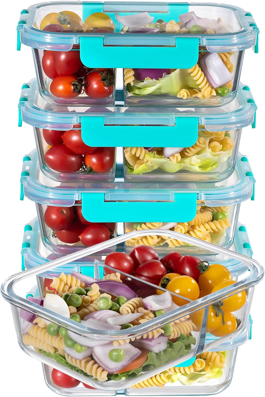 MFY 5-Pack 36 OZ Glass Storage Containers with Lids, Glass Meal Prep Containers 2 Compartment Set, Airtight Lunch Containers with Lids, Microwave, Oven, Freezer and Dishwasher Safe, White