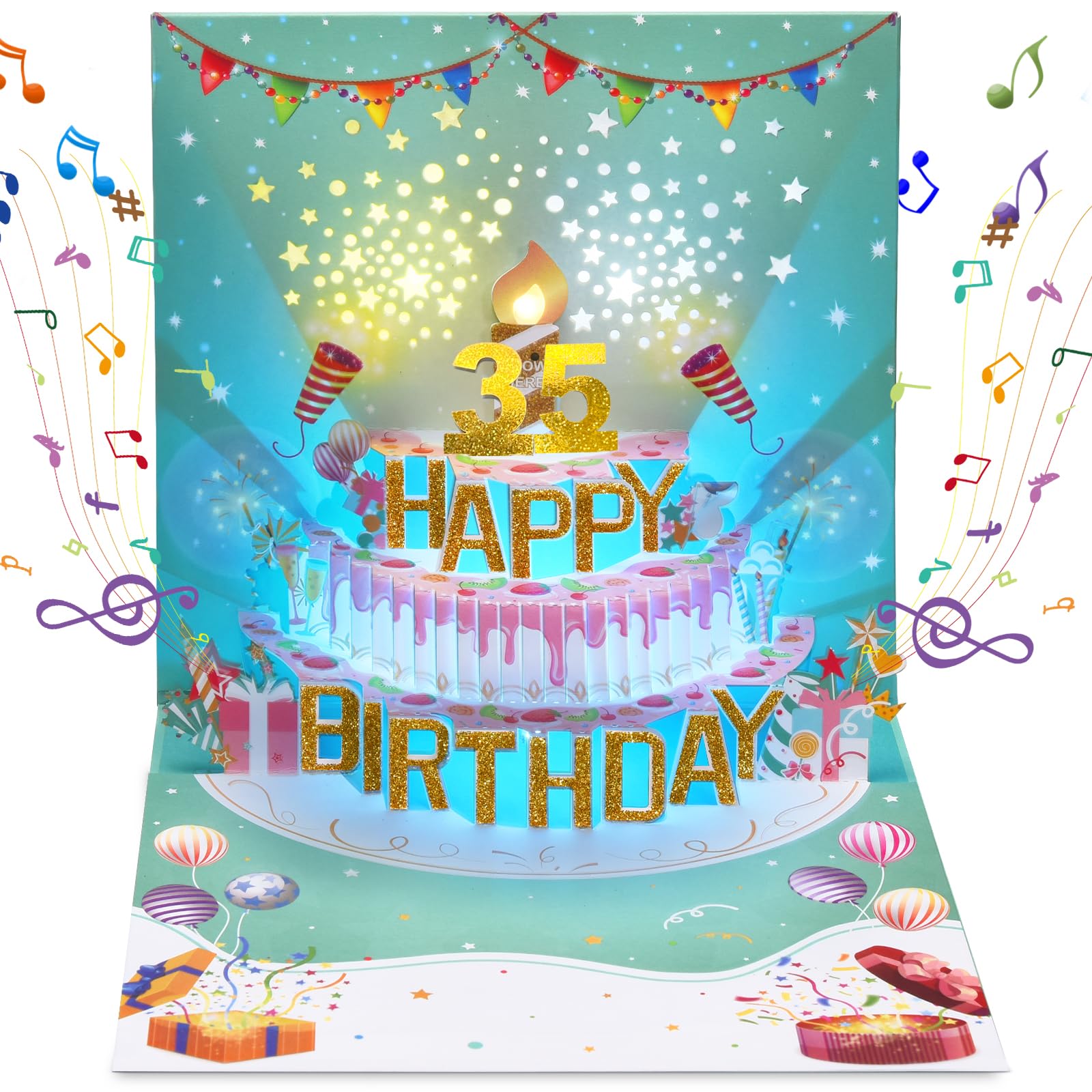 35th Birthday Cards, 3D Pop Up Musical Blowable LIGHT Happy Birthday Cards with Music and Cheers Sound, Popup Greeting Birthday Gifts Card for Women,