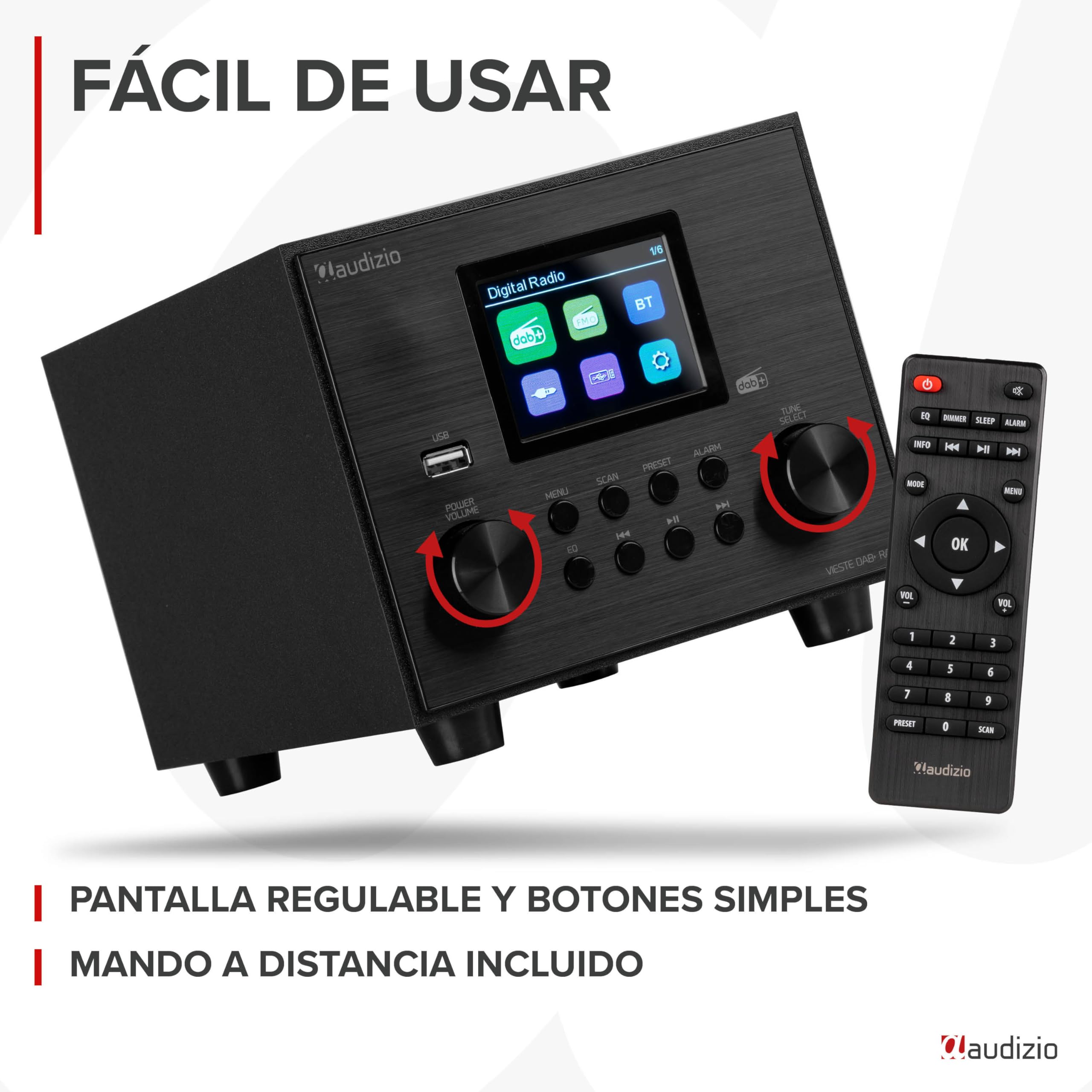 Audizio Vieste Radio Digital Dab+ con Bluetooth y subwoofer en Color Negro, Altavoz Bluetooth con FM, 20 Presintonías, Auto-Scan, Salida de Auriculares, Entrada AUX, Streaming Inalámbrico de Música