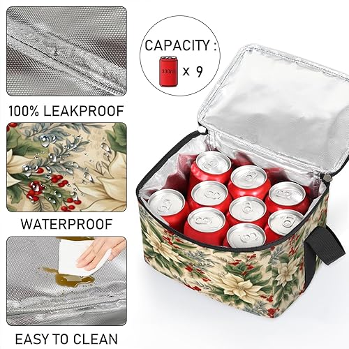 Miniatura 5 de Bolsa de almuerzo aislada con diseño de flor de pascuas artísticas navideñas, bolsa de almuerzo cuadrada para adultos y hombres, lonchera térmica