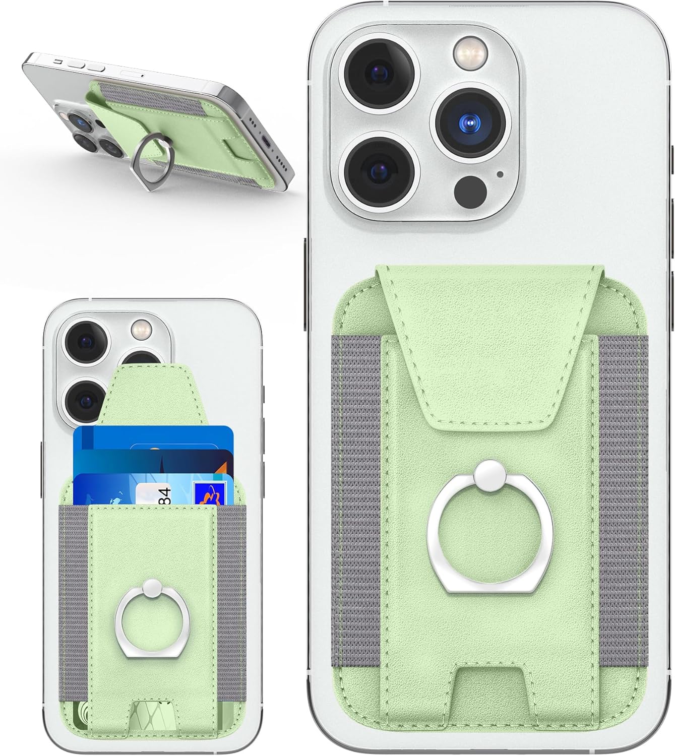 Magnetic Wallet with Card Holder, Compatible with Mag-Safe Wallet, Leather Card Holder, Wallet with Phone Ring for iPhone 15/14/13/12 Series, 7 Cards Holder (Light Green)