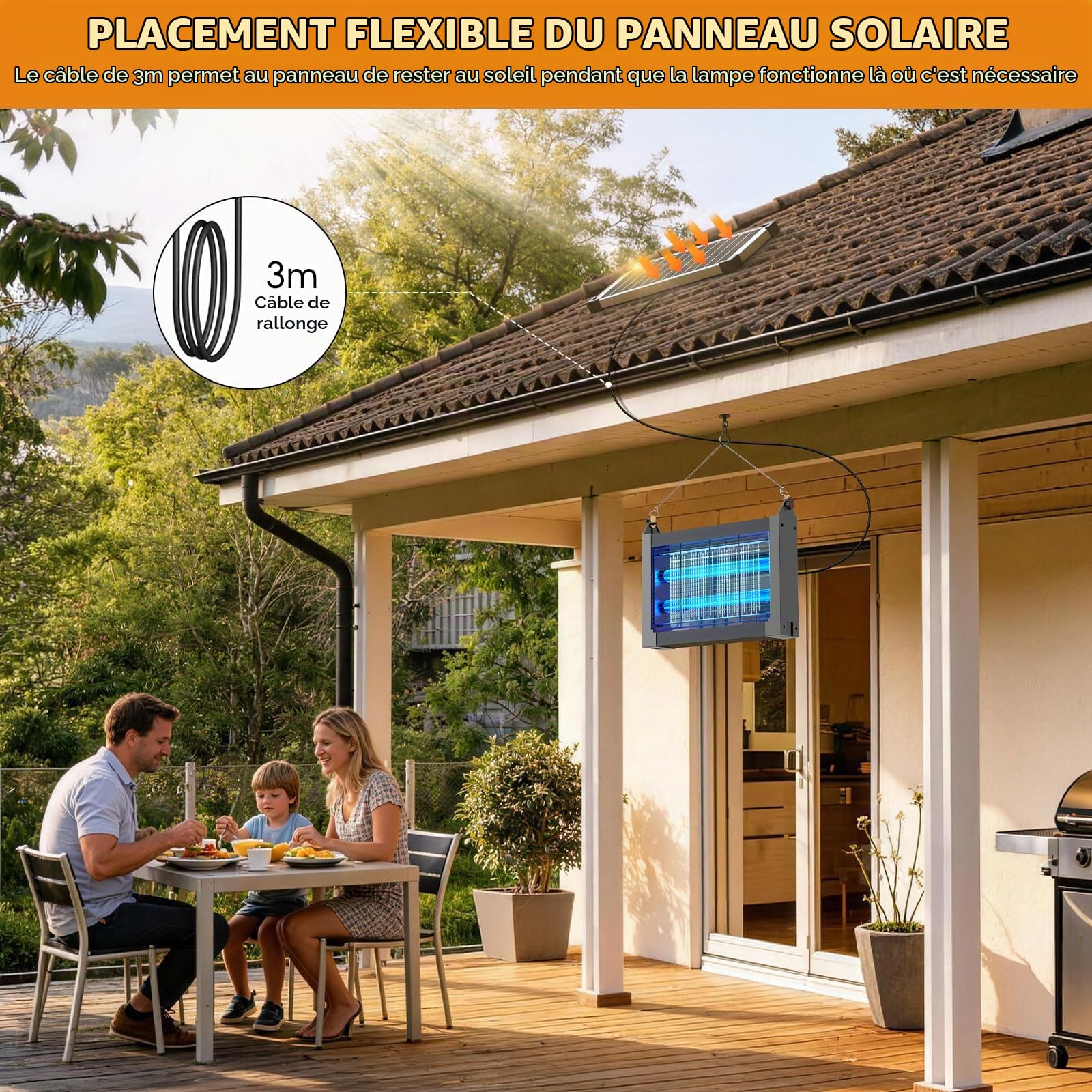 Anysun Destructeur d'Insectes Solaire, Lampe Anti Moustique Extérieur 4500V | Batterie 4000mAh, Rechargeable USB, IPX5, Capteur Crépusculaire, Câble 3 m, pour Terrasse, Balcon, Jardin, Camping