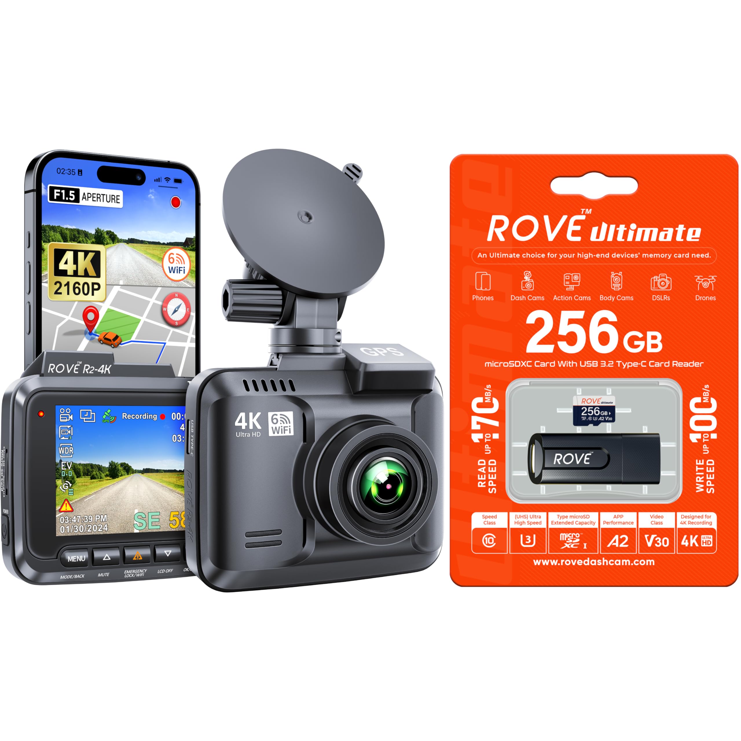 ROVE R2-4K Dash Cam 256GB Micro SD Card