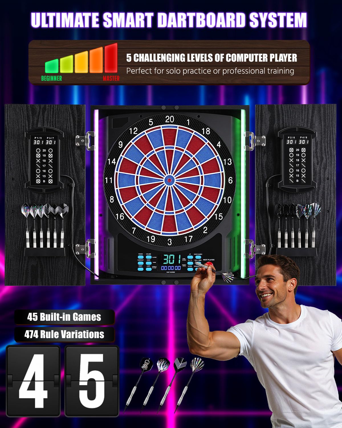 Freccette Bersaglio Elettronico con Armadio per Adulti, LED8 Colori e Suoni